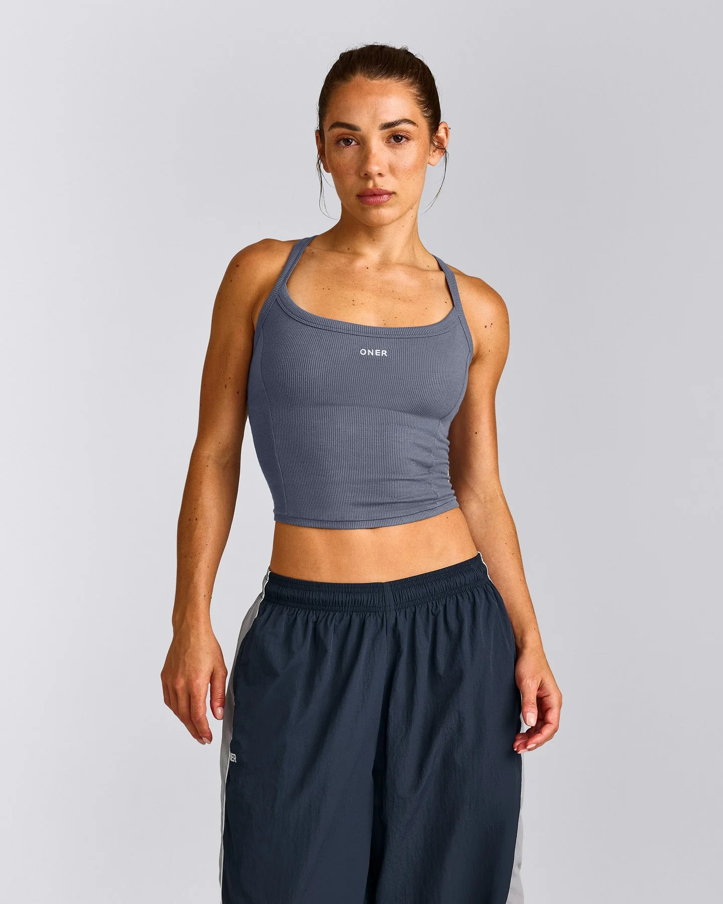 Mellow™ Rib Racer Back Mid Vest with Built in Bra Shelf | Granite Blue