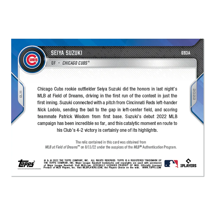 Game-used Base Relic # to 99 - Seiya Suzuki - 2022 MLB TOPPS NOW® Card 693A