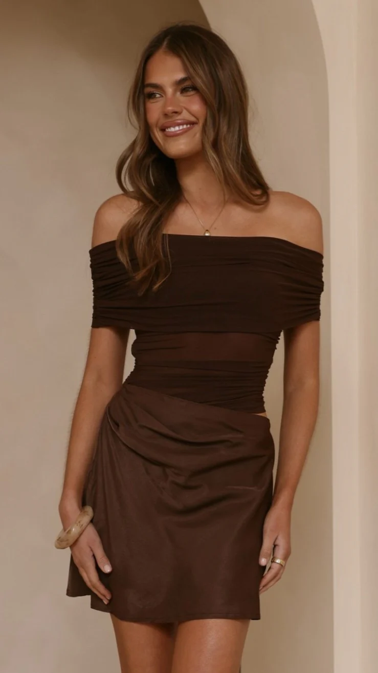 Daena Off Shoulder Mini Dress - Chocolate
