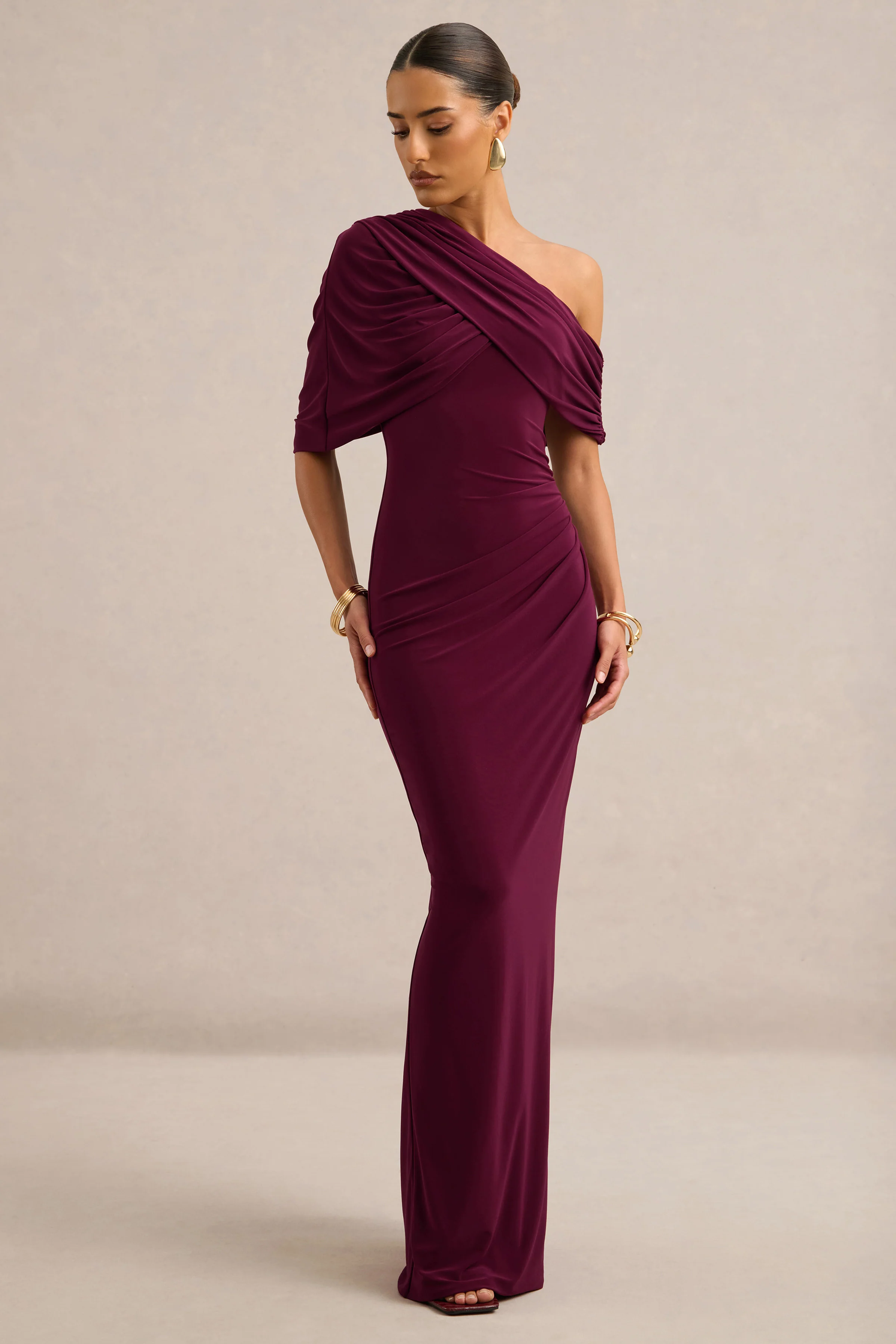 Solenne | Burgundy Jersey One Shoulder Short Sleeve Maxi Dress With Ruching
