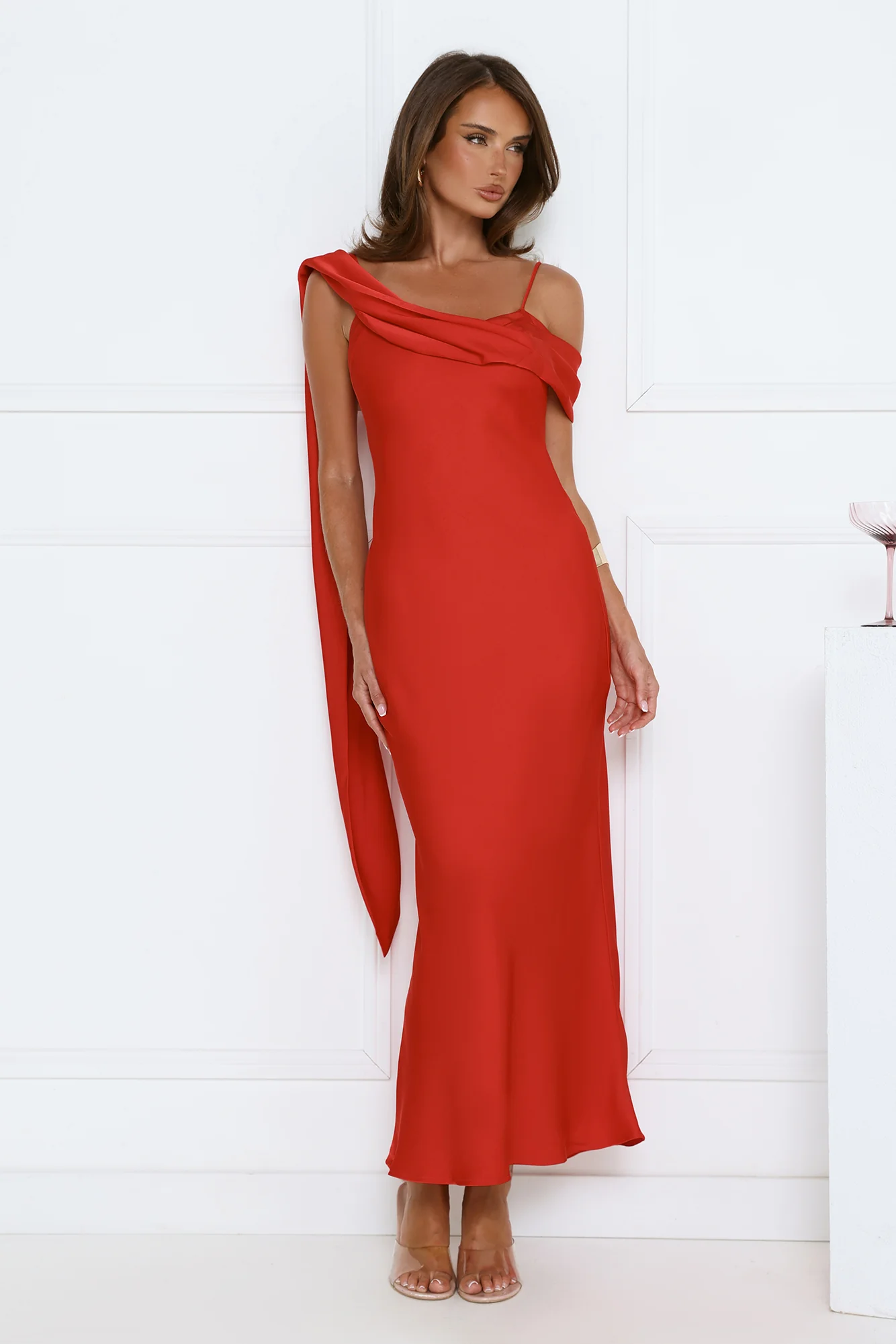 Whispered Flame Satin Maxi Dress Red