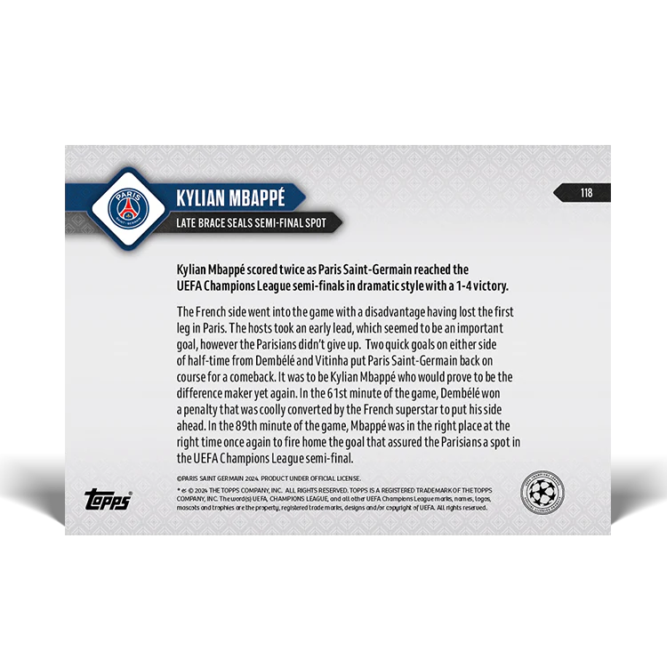 Kylian Mbappé - Late Brace seals semi-final spot - 23/24 UCL TOPPS NOW® Card 118