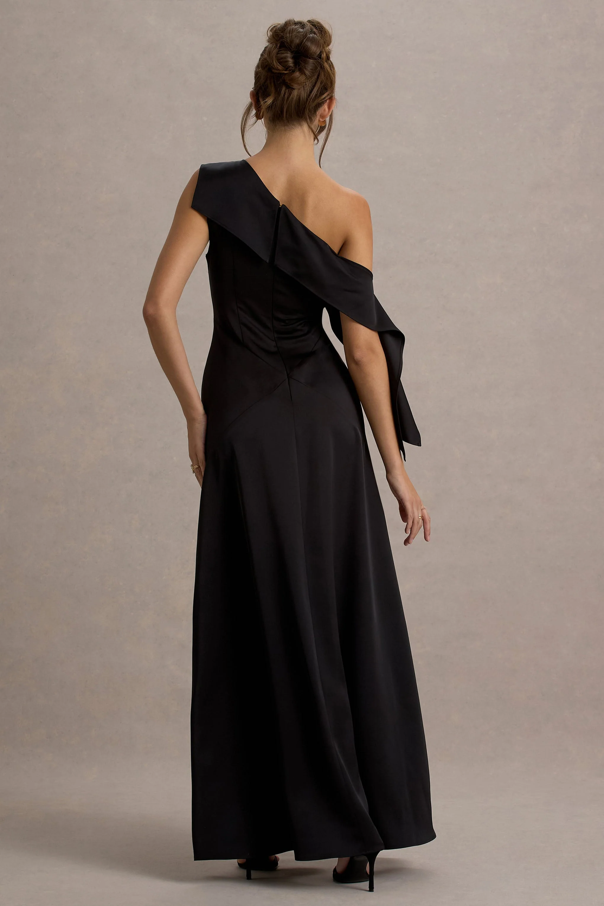 Nicola | Black Satin Asymmetric Bardot Draped Maxi Dress