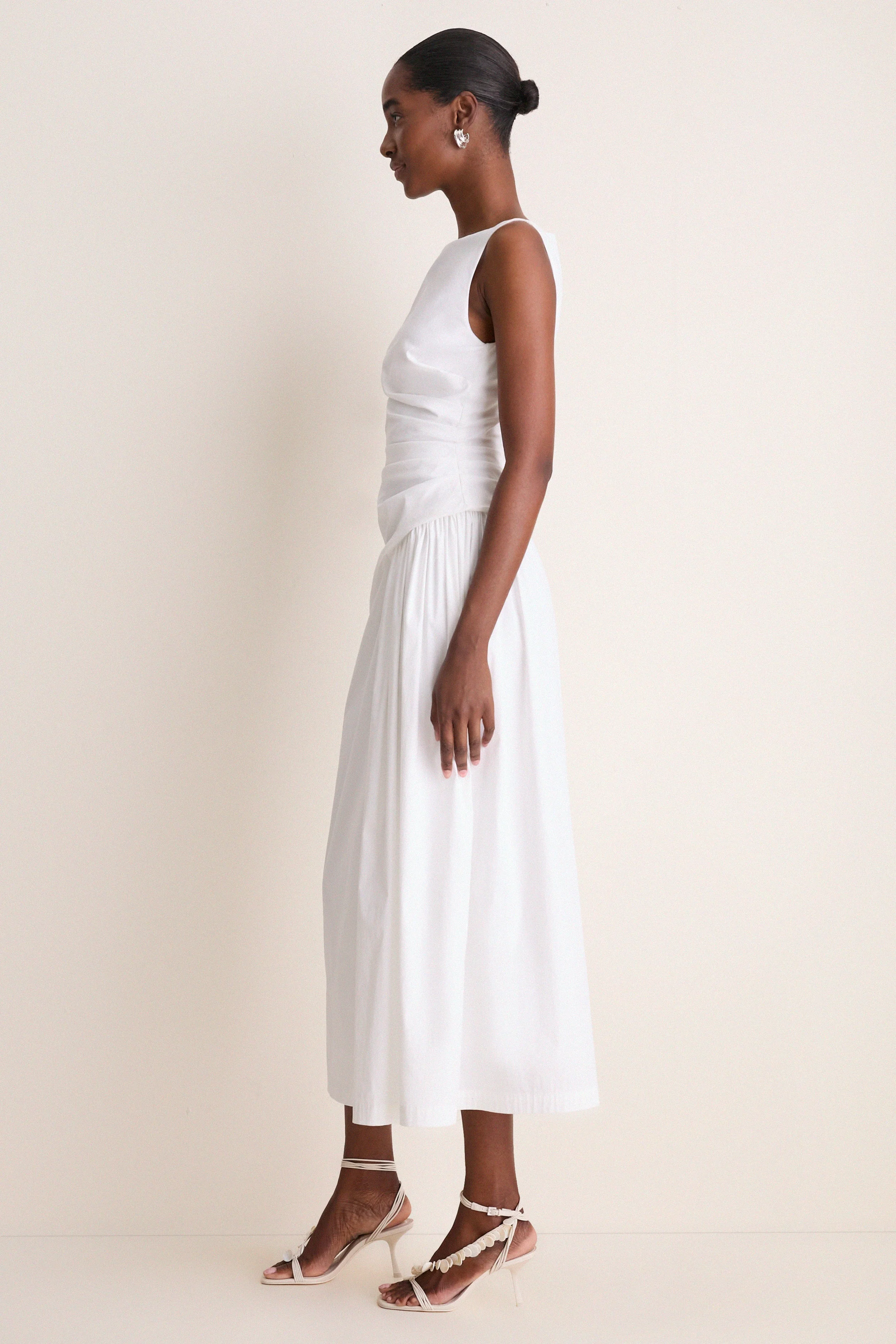 White Cotton Poplin Asymmetrical Flounce Dress