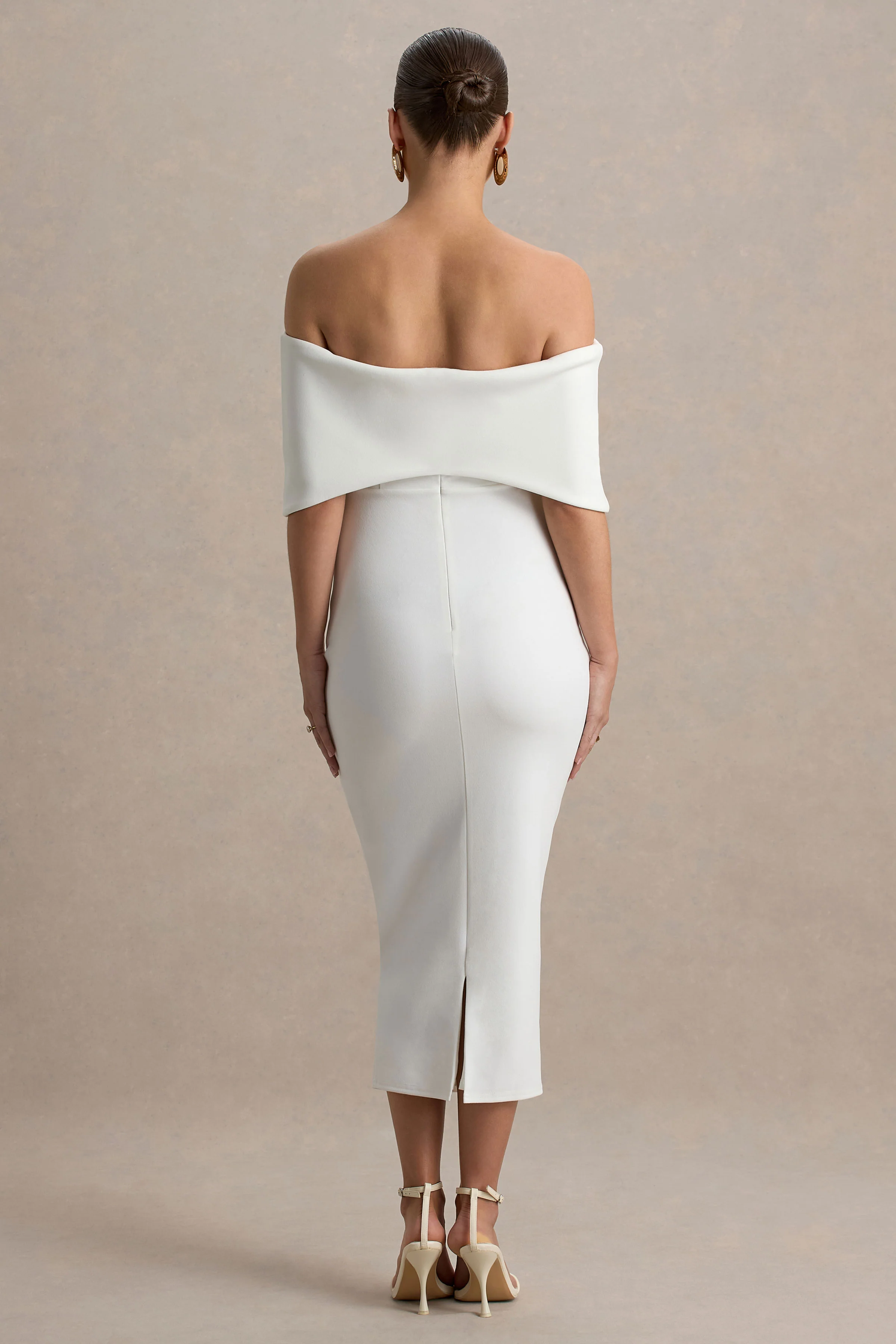 Droplet | White Bow Bardot Maternity Midi Dress