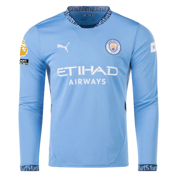 Manchester City Erling Haaland Home Long Sleeve Jersey w/ EPL + No Room For Racism Patch 24/25 (Team Light/Marine Blue)