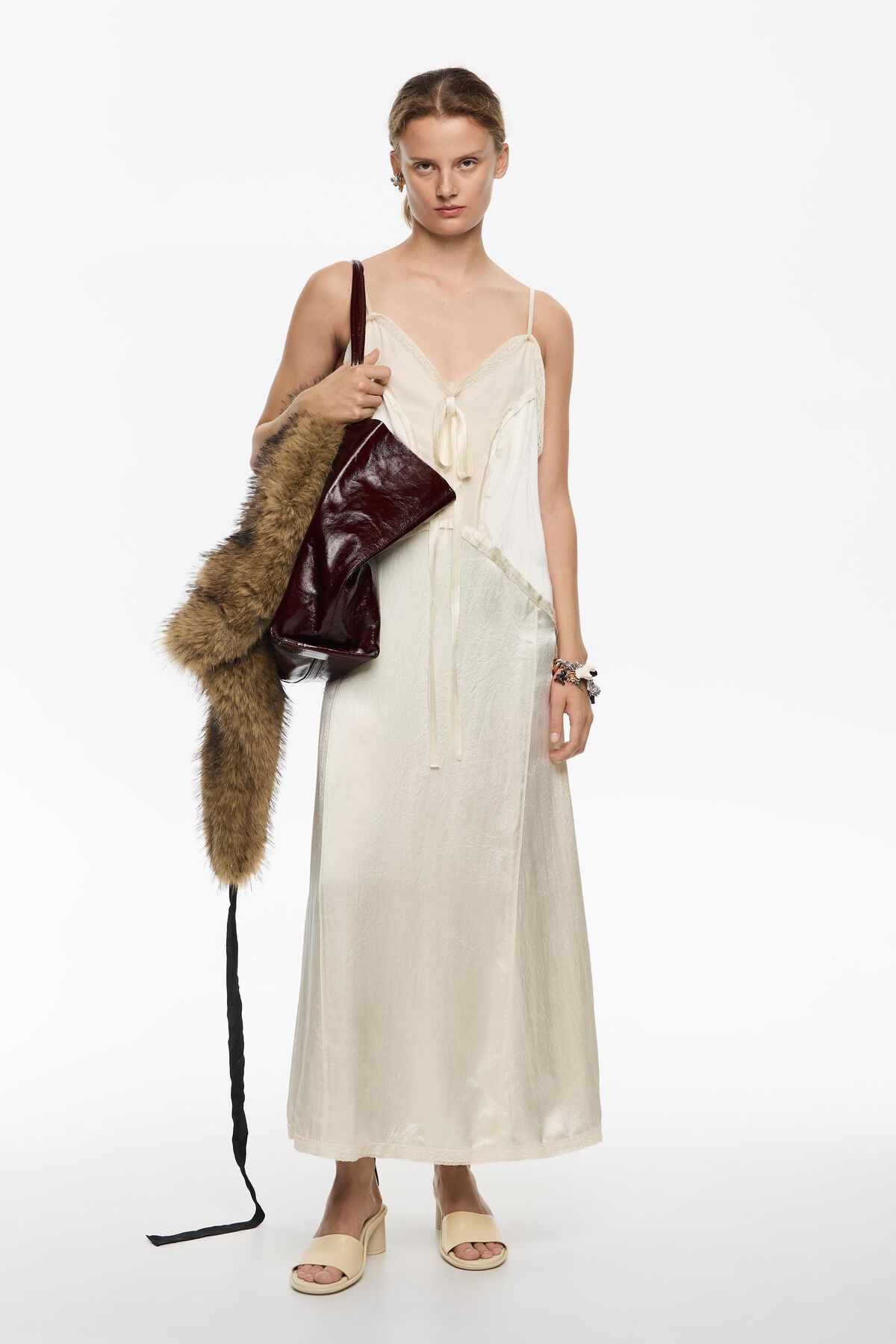 Beige mixed fabrics straight cut midi dress