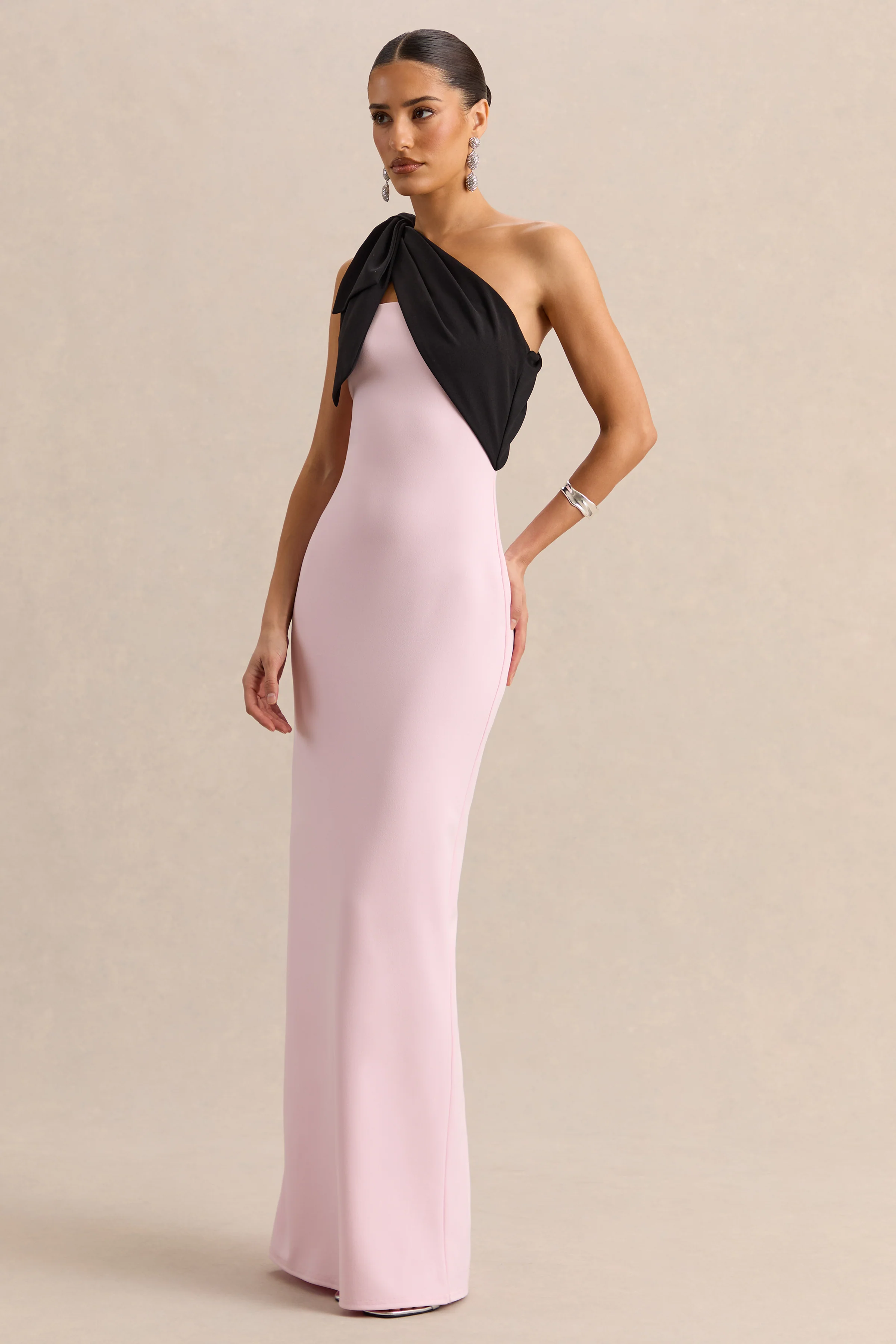 Adara | Pink & Black One Shoulder Maxi Dress With Back Split and Bow Detail