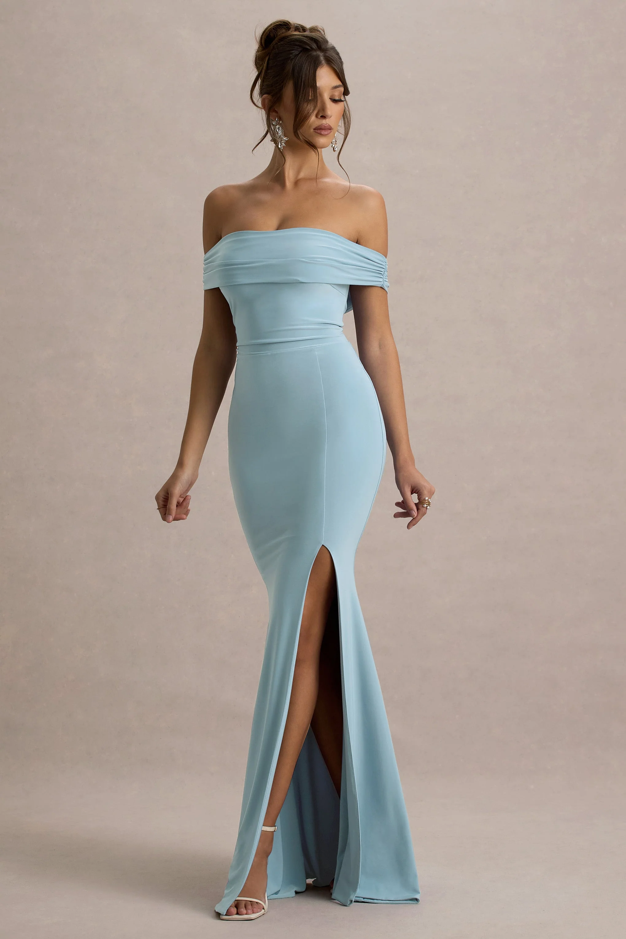 Law of Attraction | Powder Blue Bardot Draped Split Maxi Dress