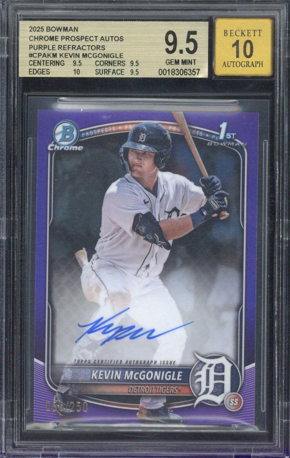 2025 Topps Bowman Chrome Kevin McGonigle Autograph /250 CPA-KM BGS 9.5 AUTO 10