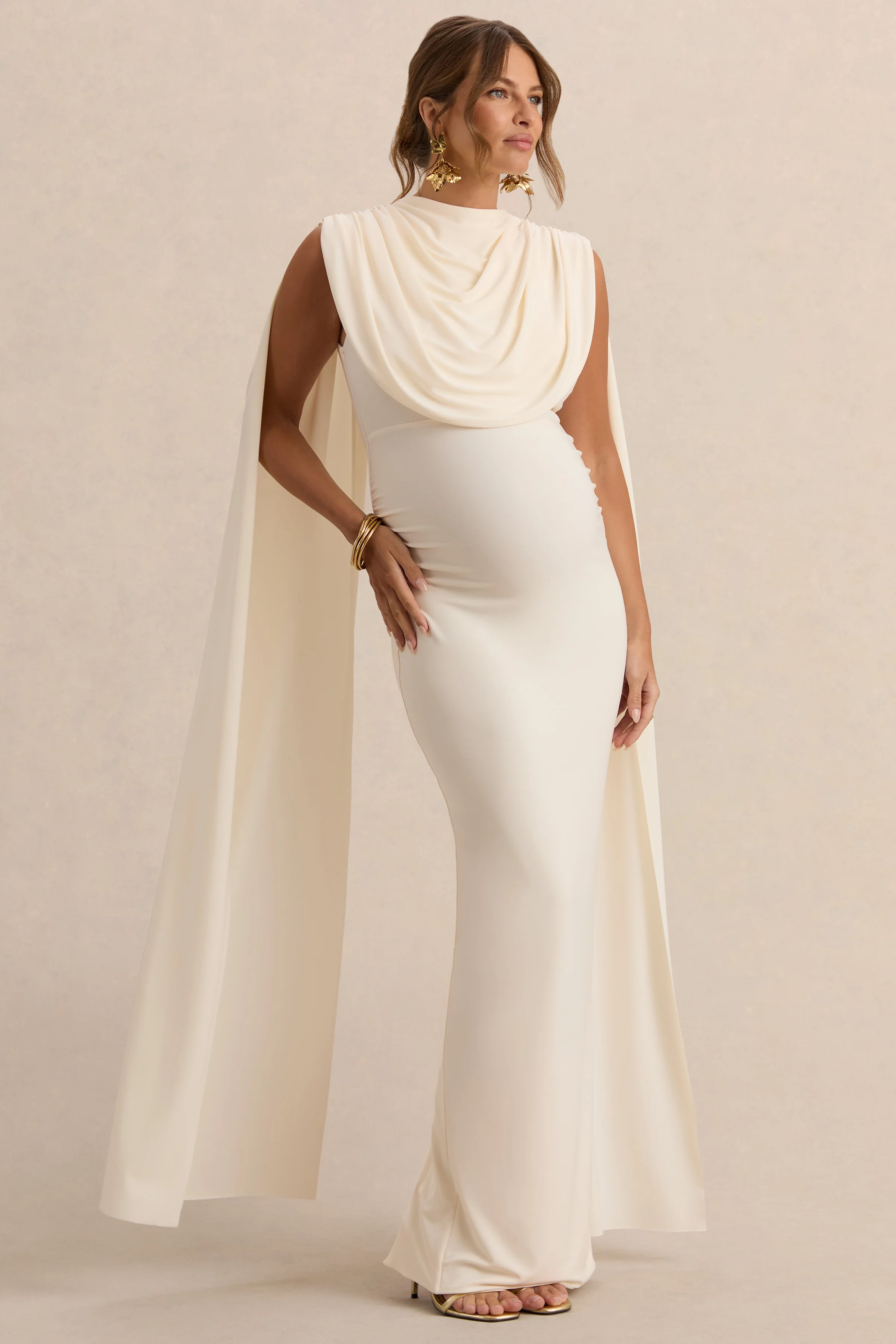 Belva | Cream Round-Neck Maternity Maxi Dress With Cape Detail