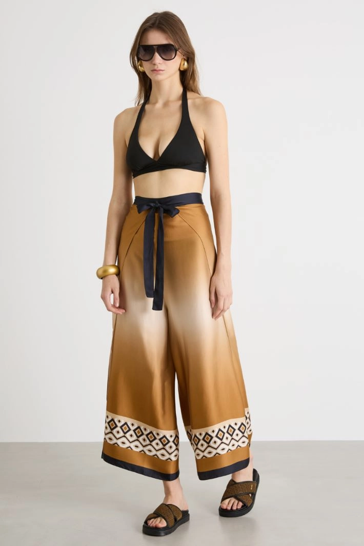 Printed satin wrap trousers - CAMEL