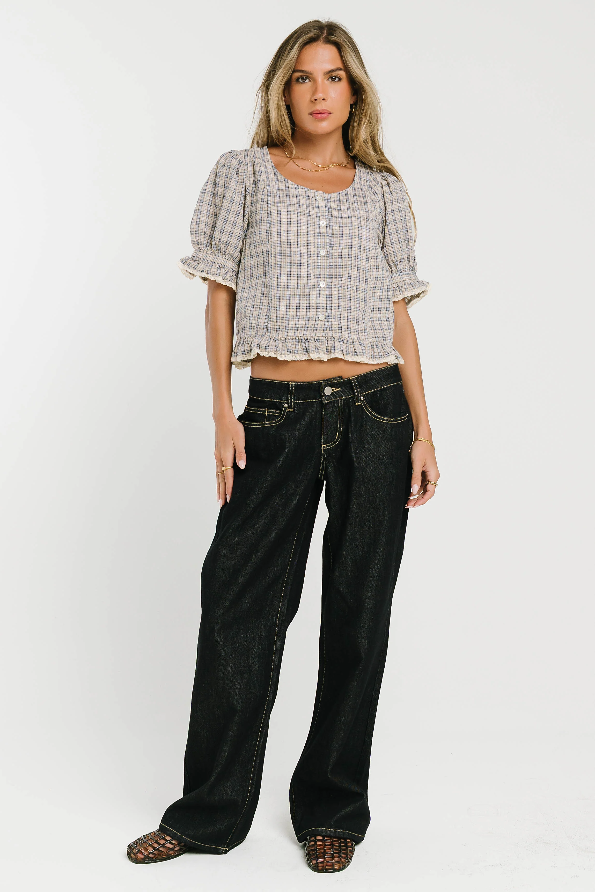 Rachelle Gingham Lace Trim Blouse