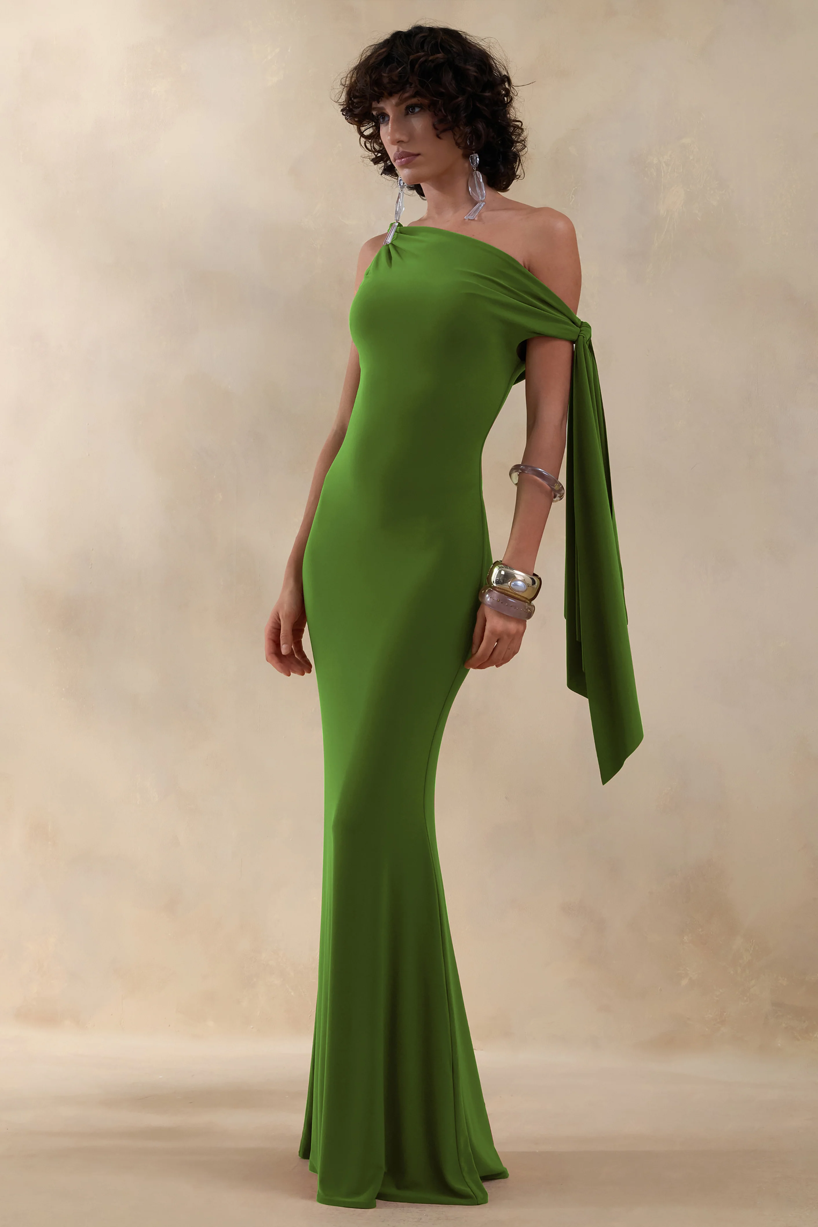 Vista | Green Asymmetric-Neck Maxi Dress With Knot-Sleeve Detail