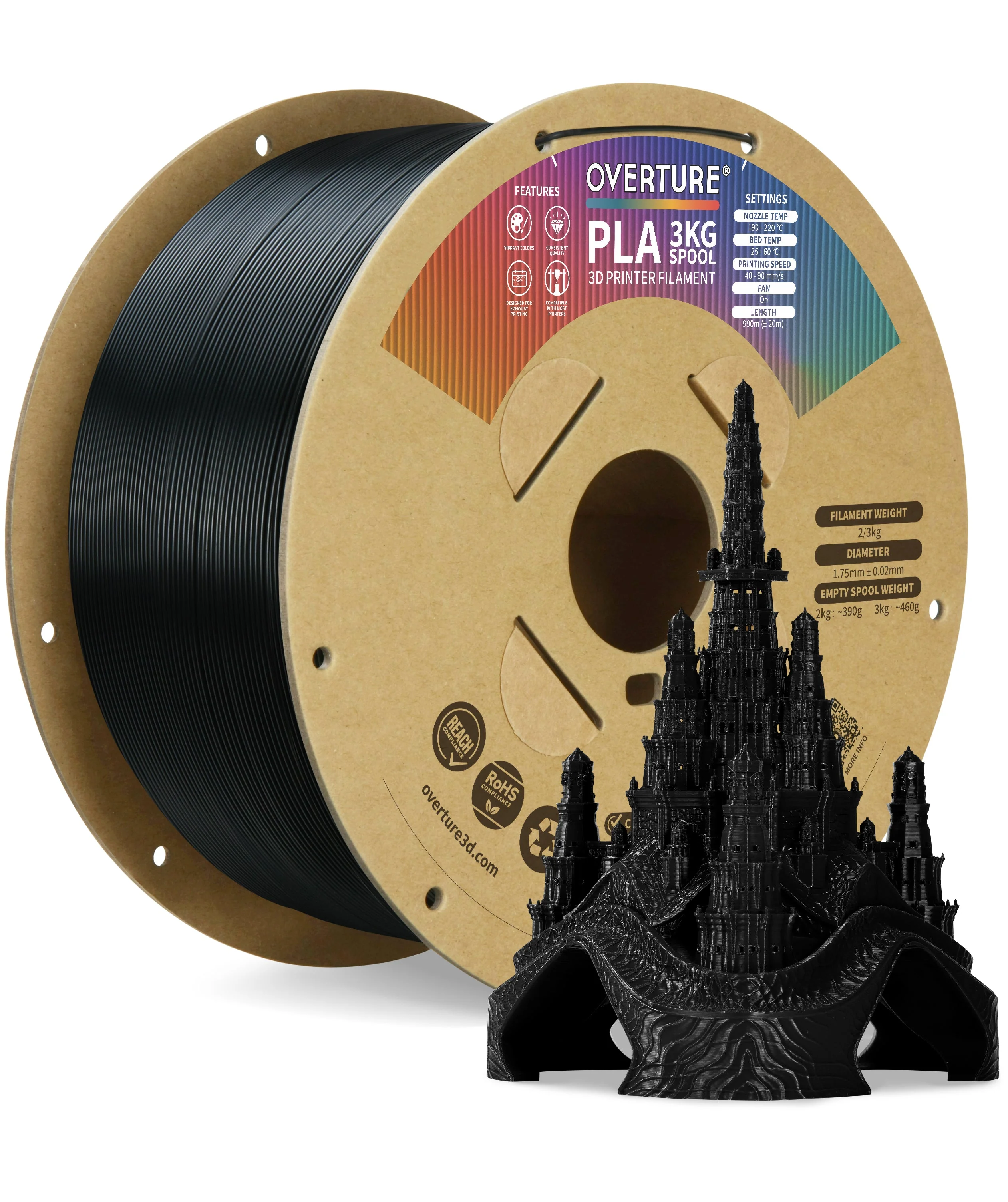 Overture PLA 3D Printer Filament 1.75mm - 3kg