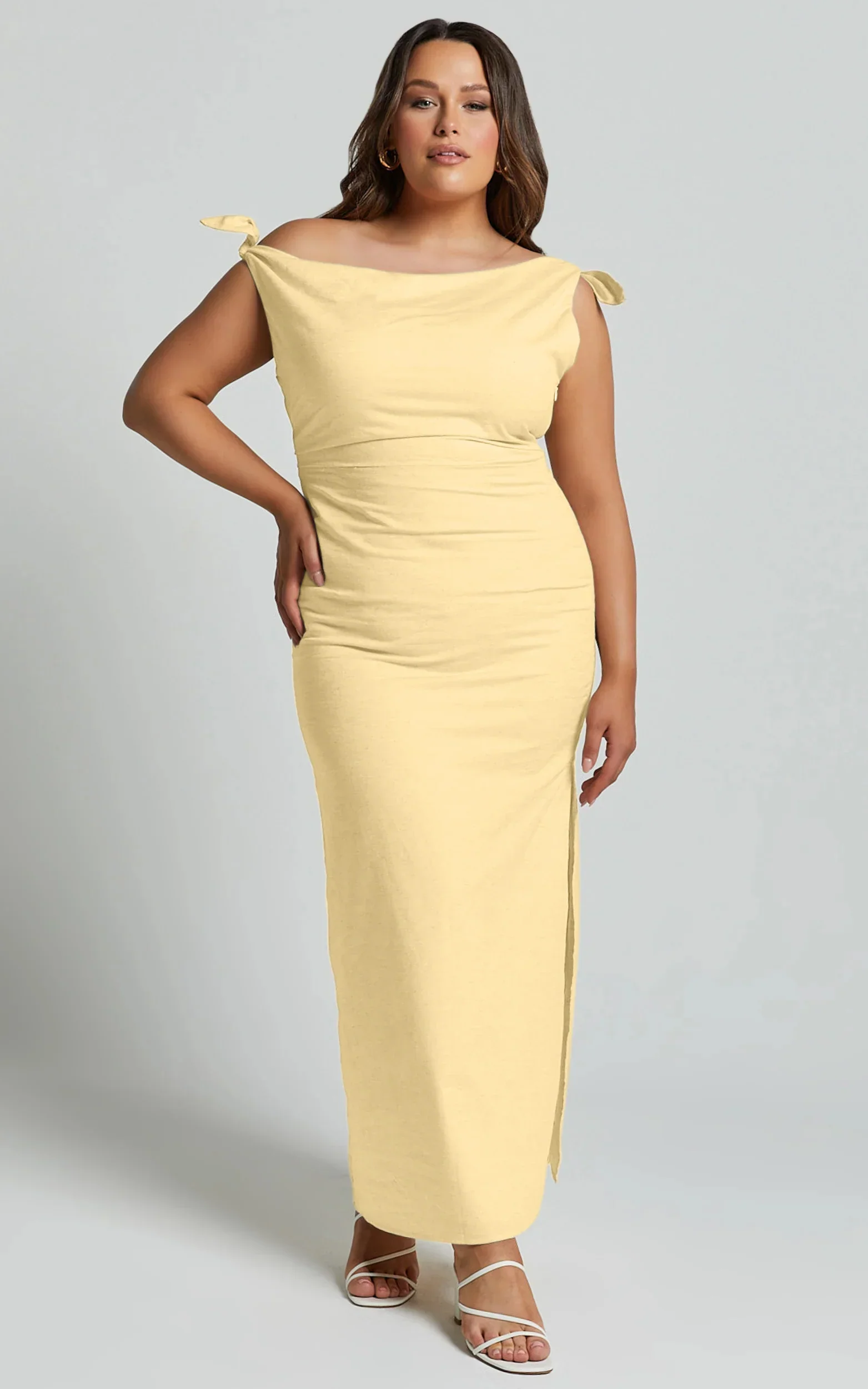 Cincinnati Midi Dress - Off The Shoulder Side Split Column Linen Dress in Lemon