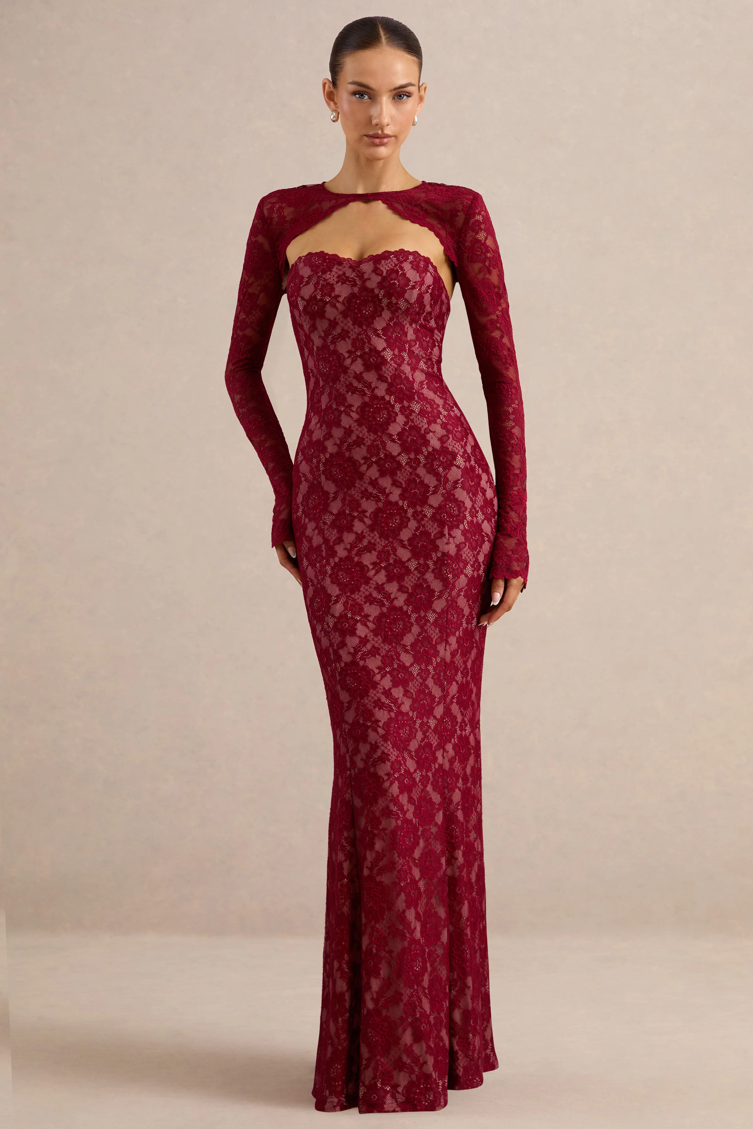 Mirellia | Dark Red Lace Sweetheart-Neck Maxi Dress