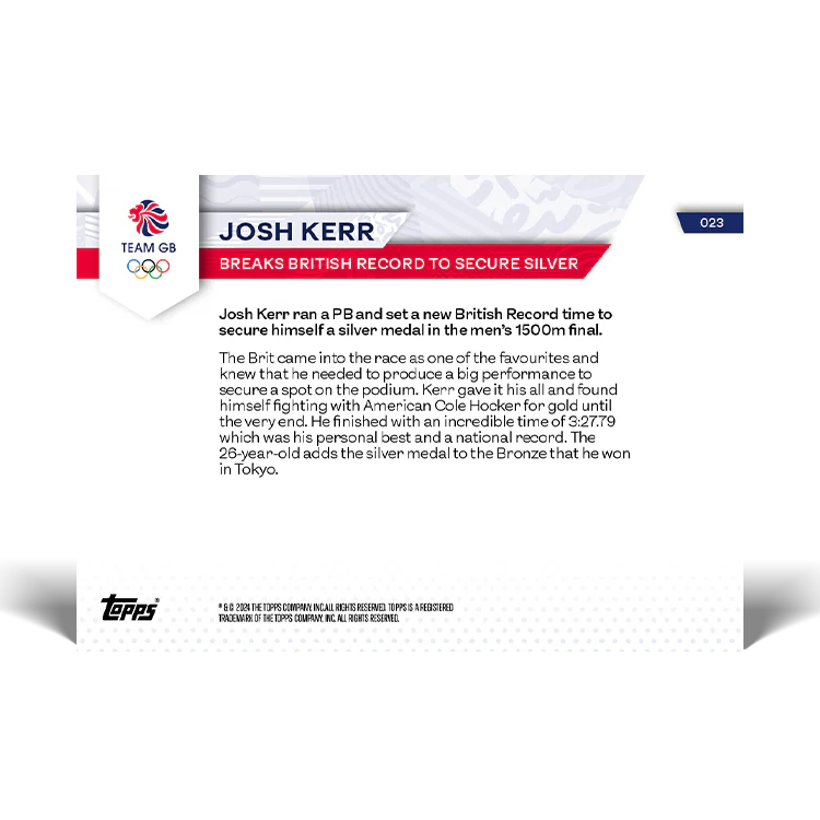Josh Kerr - Breaks British record to secure silver - 2024 Team GB TOPPS NOW® Card 23