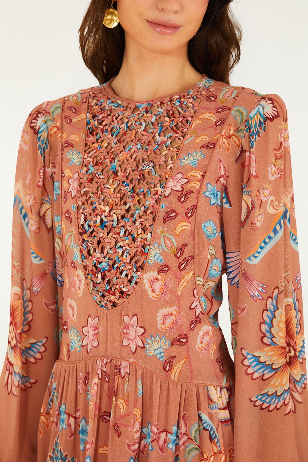 Mocha Boho Enhance Lace Long Sleeve Mini Dress