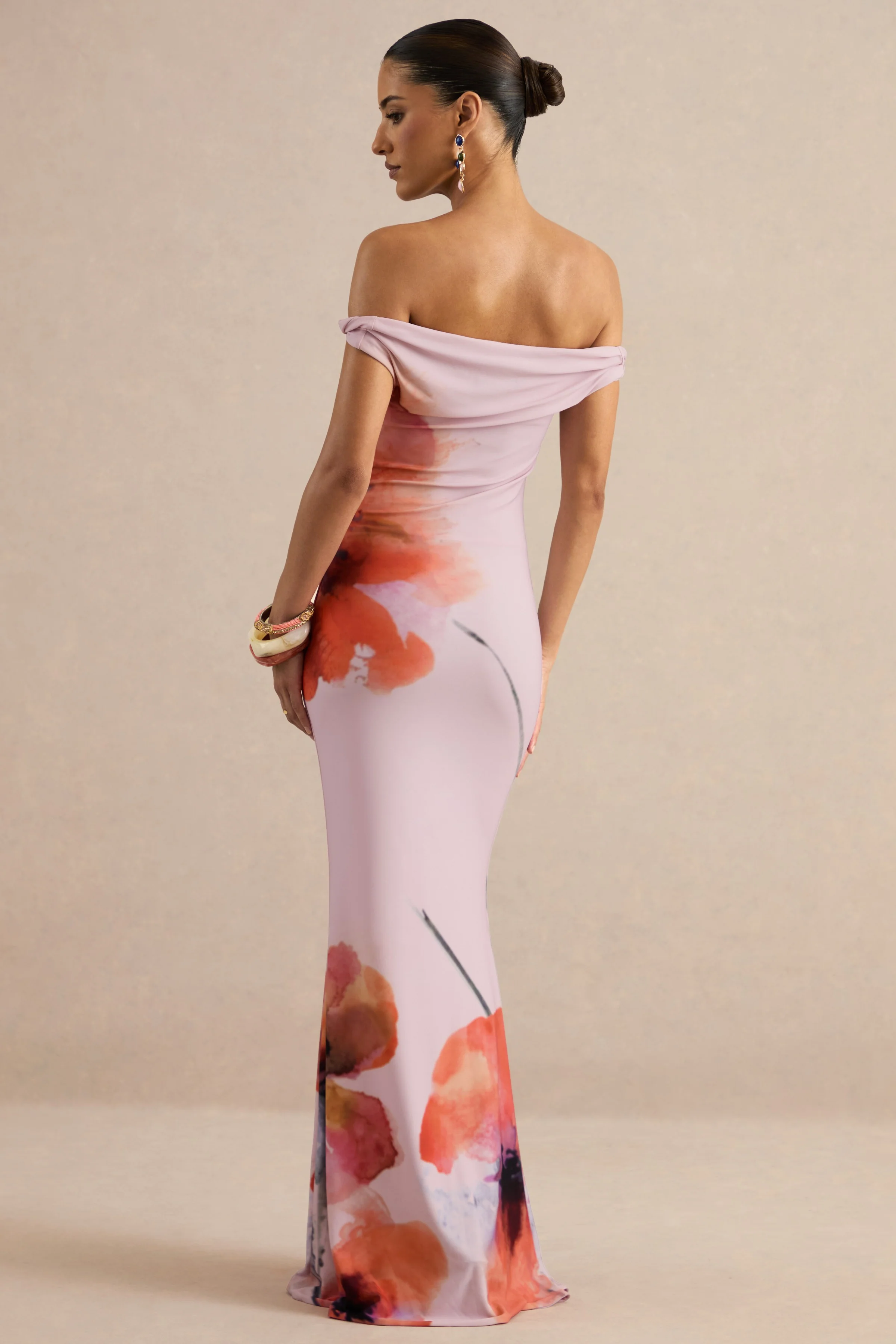 Katia | Pink Poppy Print Bardot-Neck Maxi Dress