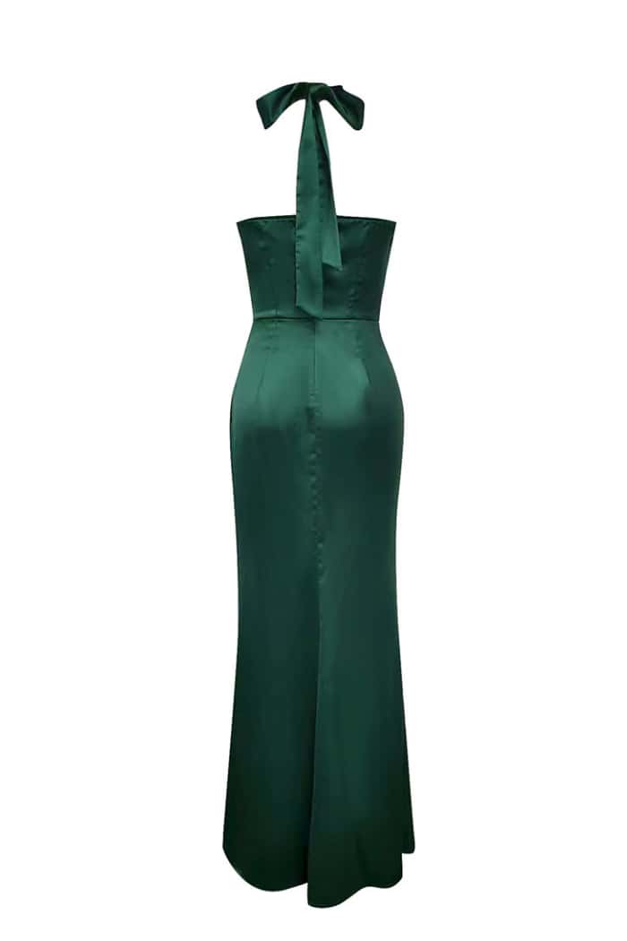 Halter Dark Green Satin Ruched Fitted Long Dress