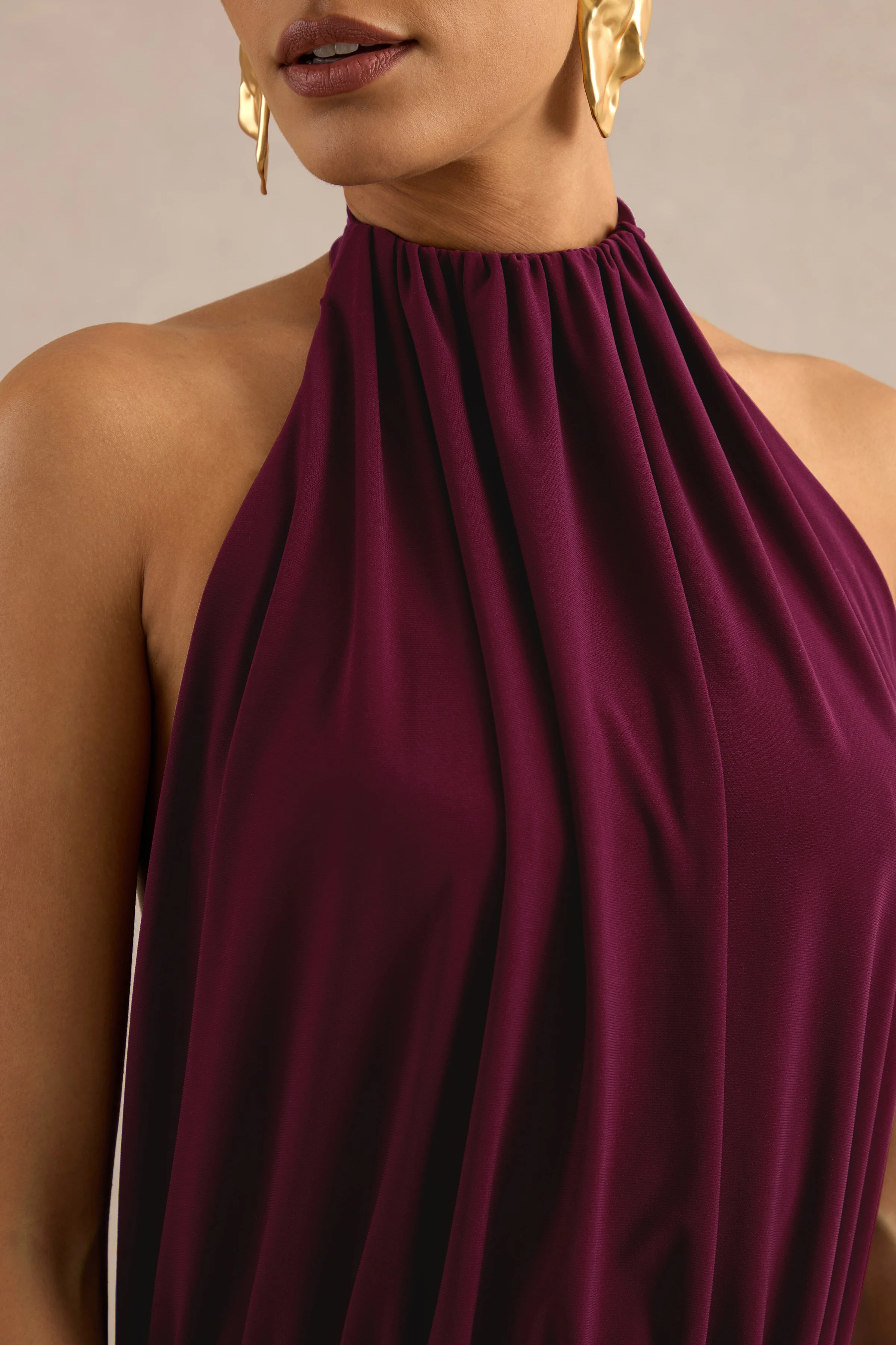 Hilarie | Burgundy Jersey Ruched High Neck Maxi Dress With Open Back