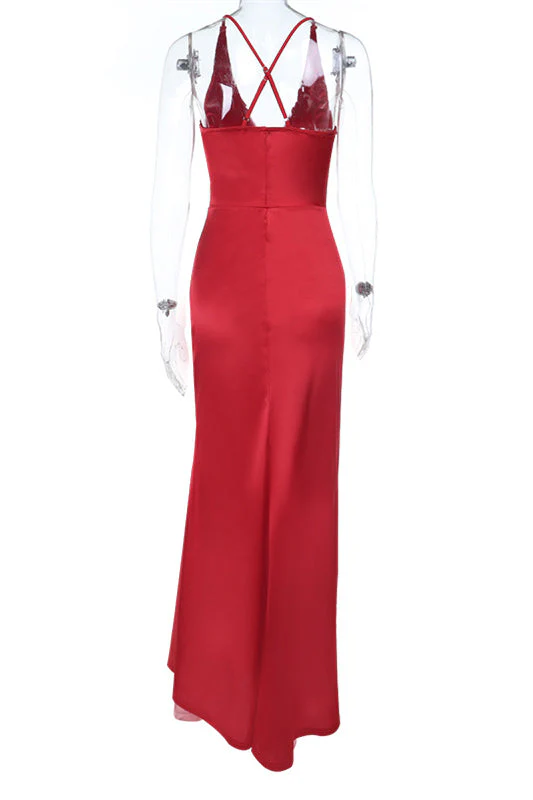 Plunge Red Ruched Long Dress with Slit