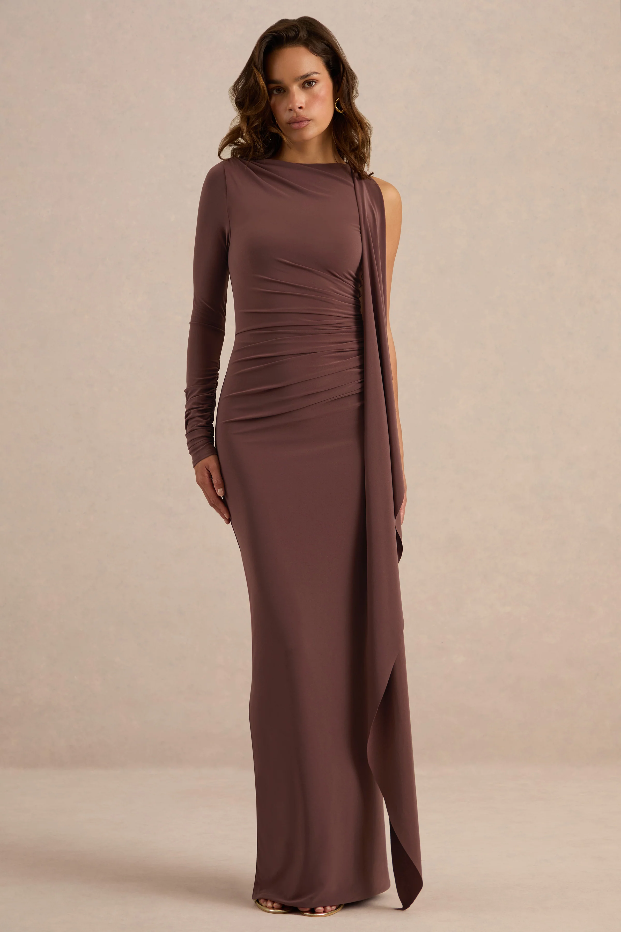 Epona | Dark Brown Jersey Boat Neck Long Sleeve Maxi Dress With Sash And Back Split