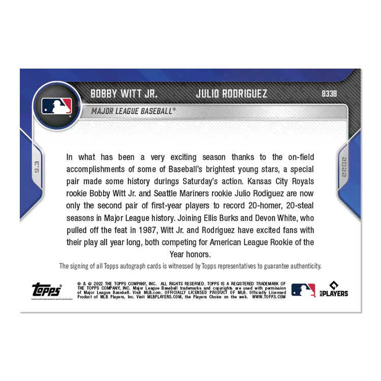 On-Card Auto # to 99 - Bobby Witt Jr./Julio Rodriguez - 2022 MLB TOPPS NOW® Card 0833B