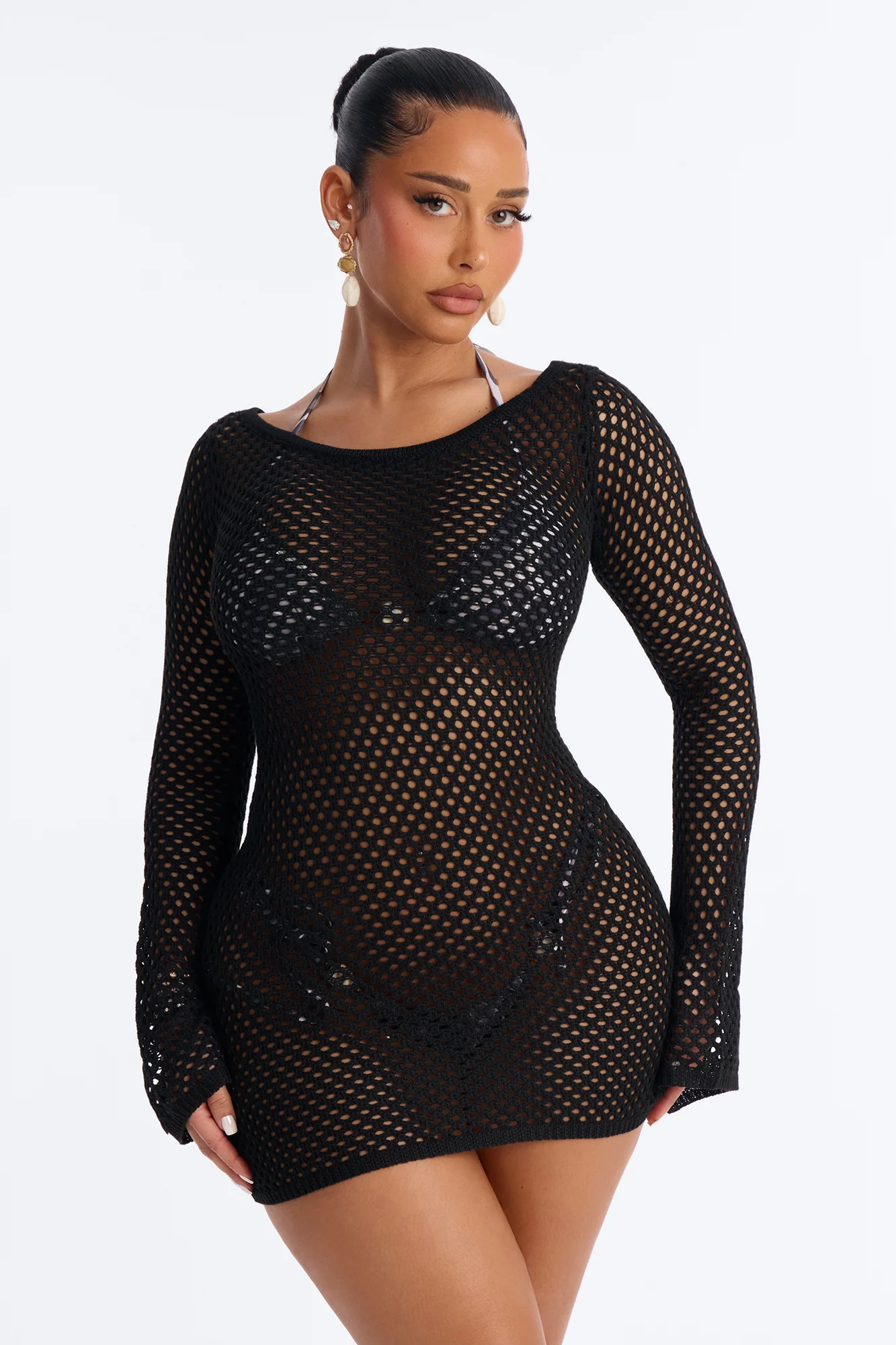 Cassie Crochet Deep Scoop Backless Cover Up Dress - Black