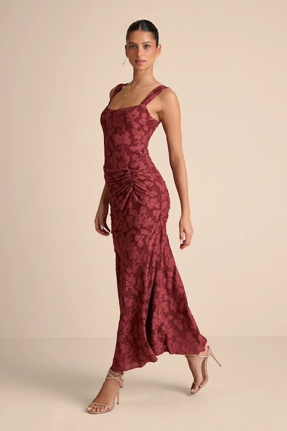 Rust Red Floral Burnout Dress - Corset Dress - Bridesmaid Dress