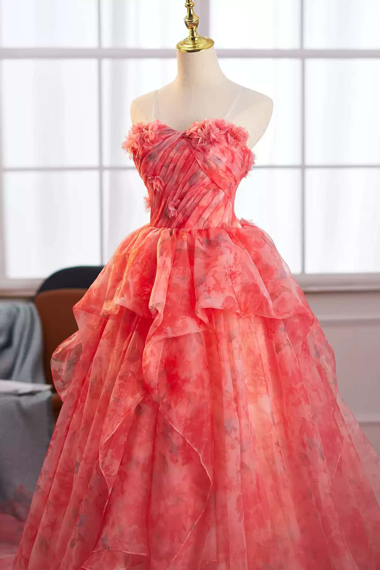 Princess Red Floral Ruffle Long Fairy Dress