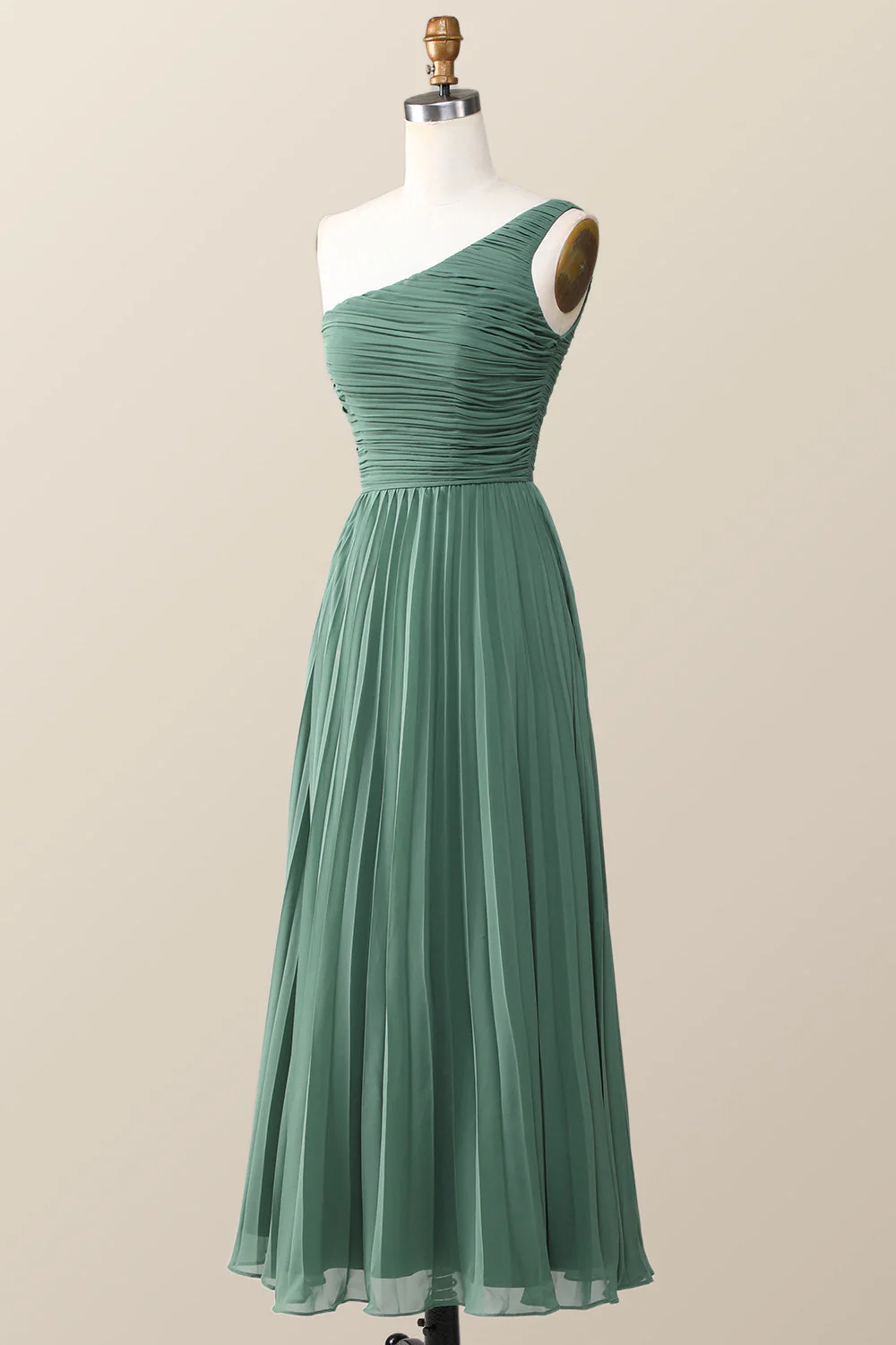 One Shoulder Eucalyptus Chiffon Long Bridesmaid Dress