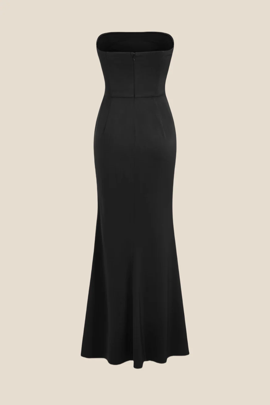 Strapless Black Ruched Long Dress with Slit