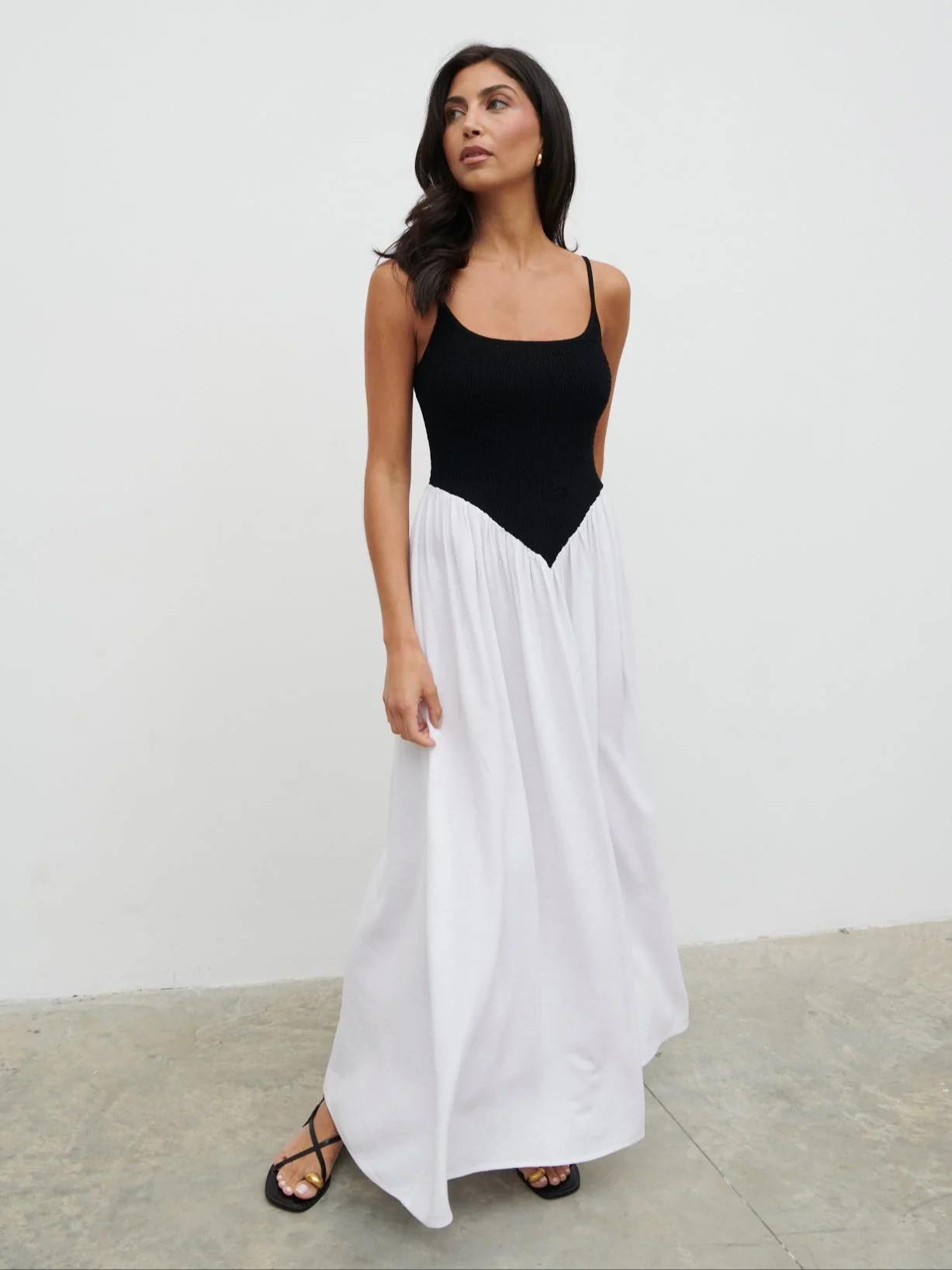 Maude Shirred Contrast Maxi Dress - Black and Cream