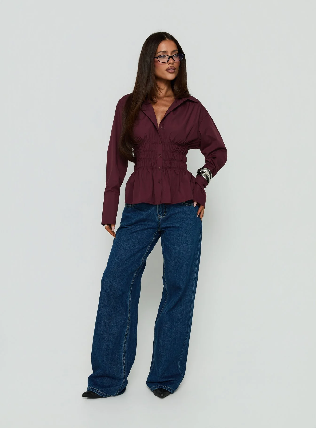 As You Are Shirred Button Up Top Cherry