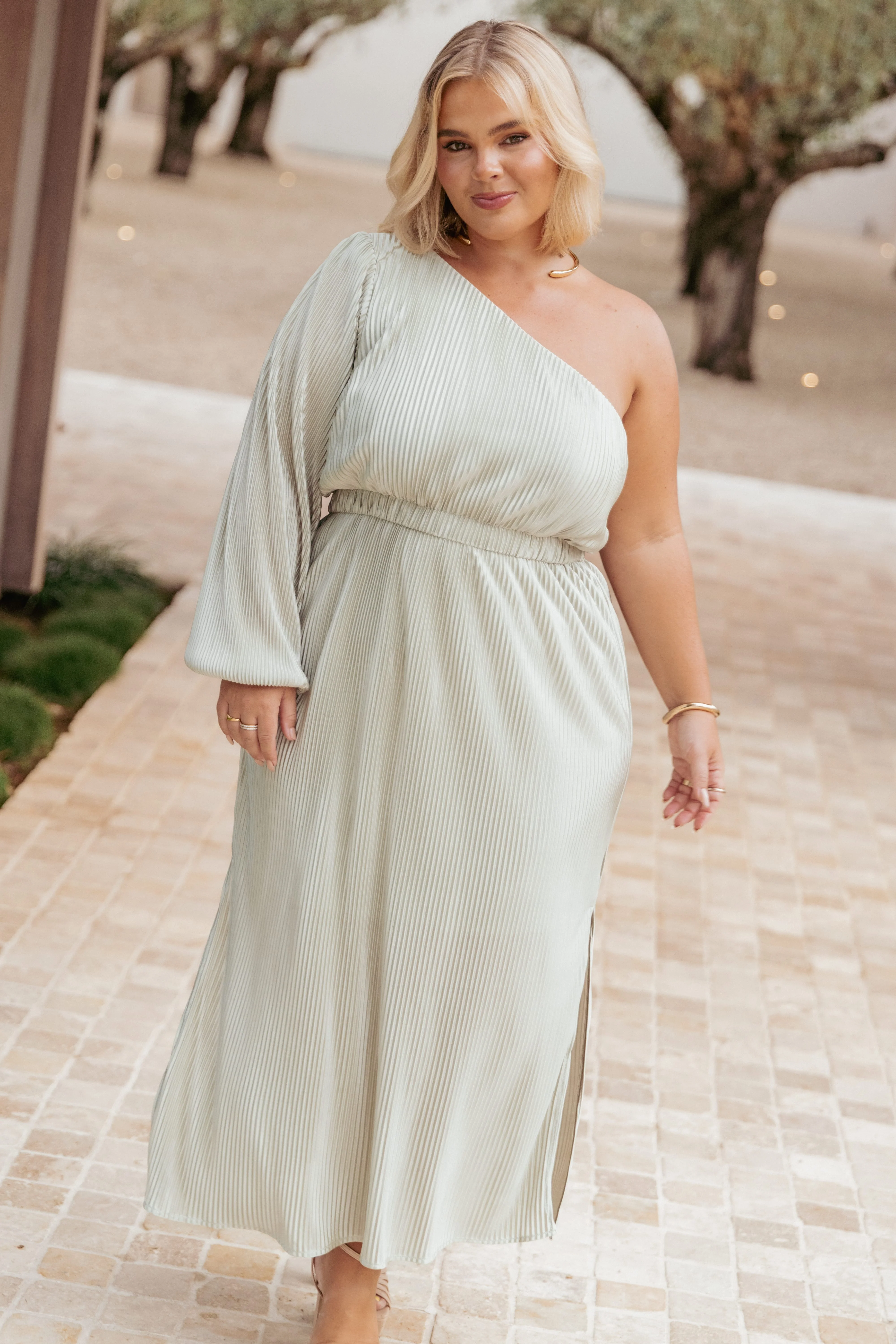 Pontee One Shoulder Pleated Midi Dress - Sage Green