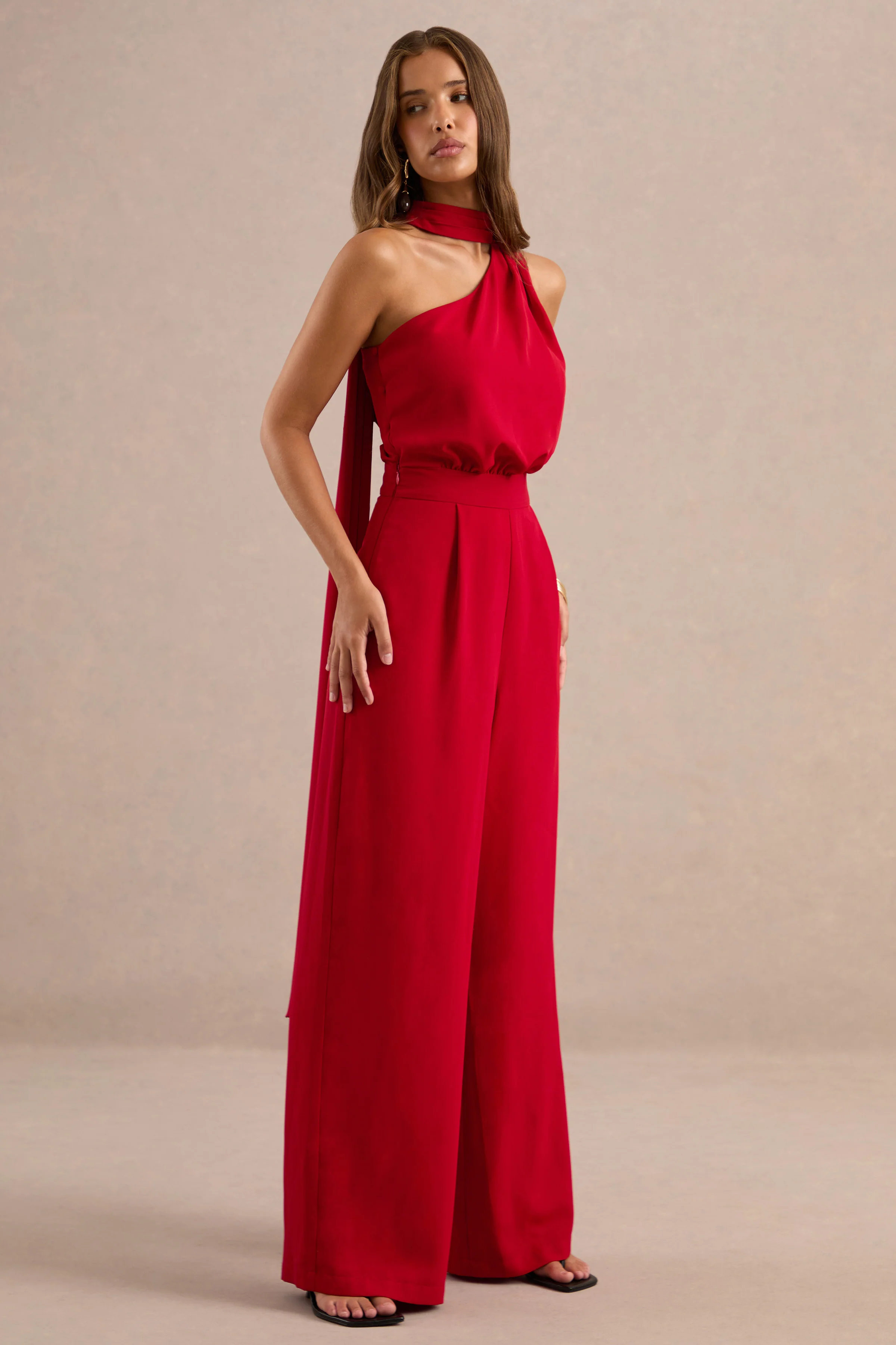 Gliselle | Red One Shoulder Jumpsuit With Scarf Detail