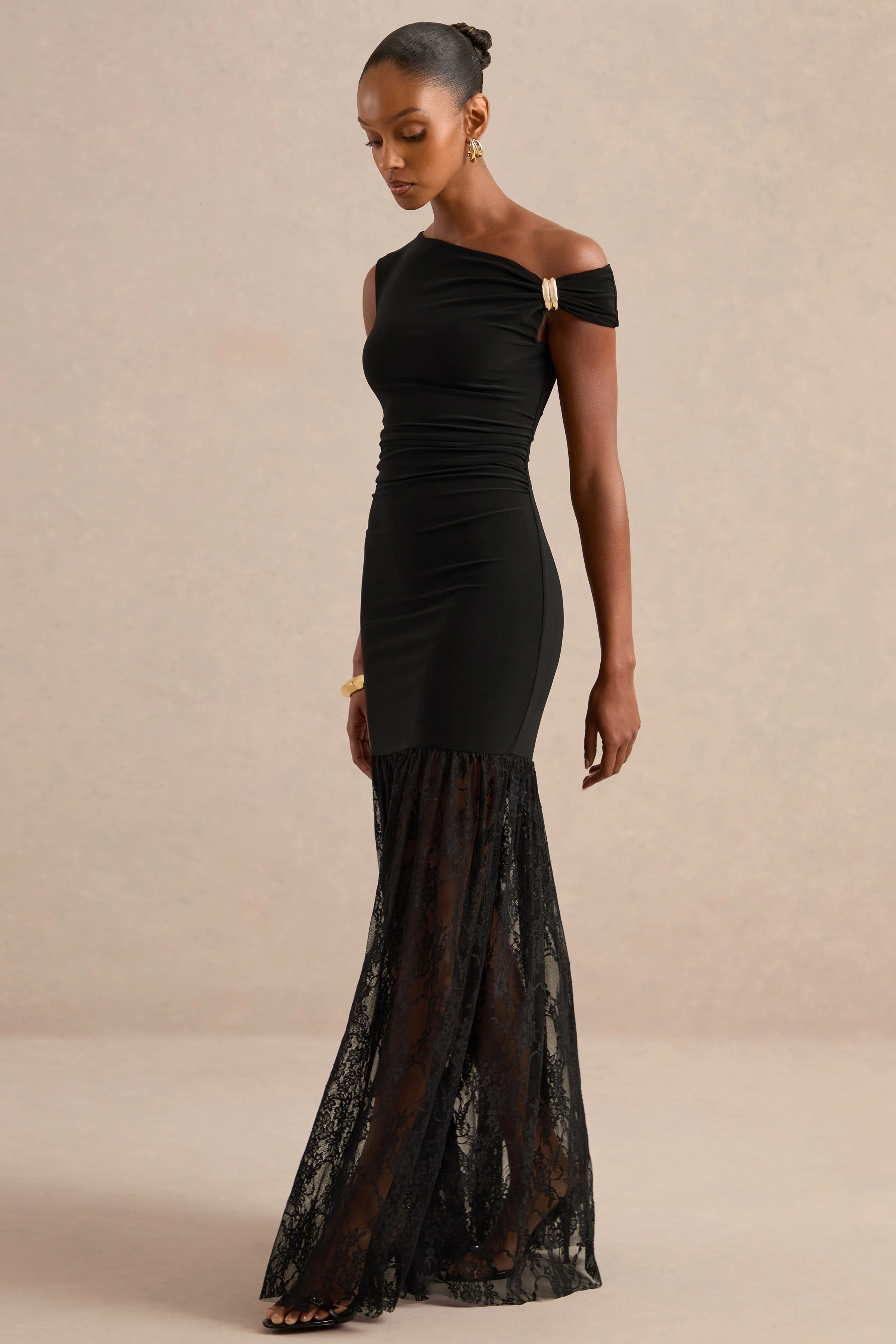 Iolana | Black Jersey One Shoulder Maxi Dress With Lace Skirt and Gold Detailing