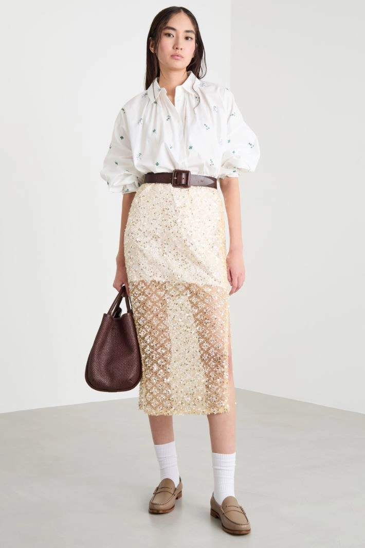 Sequin-embroidered mesh skirt - GOLD