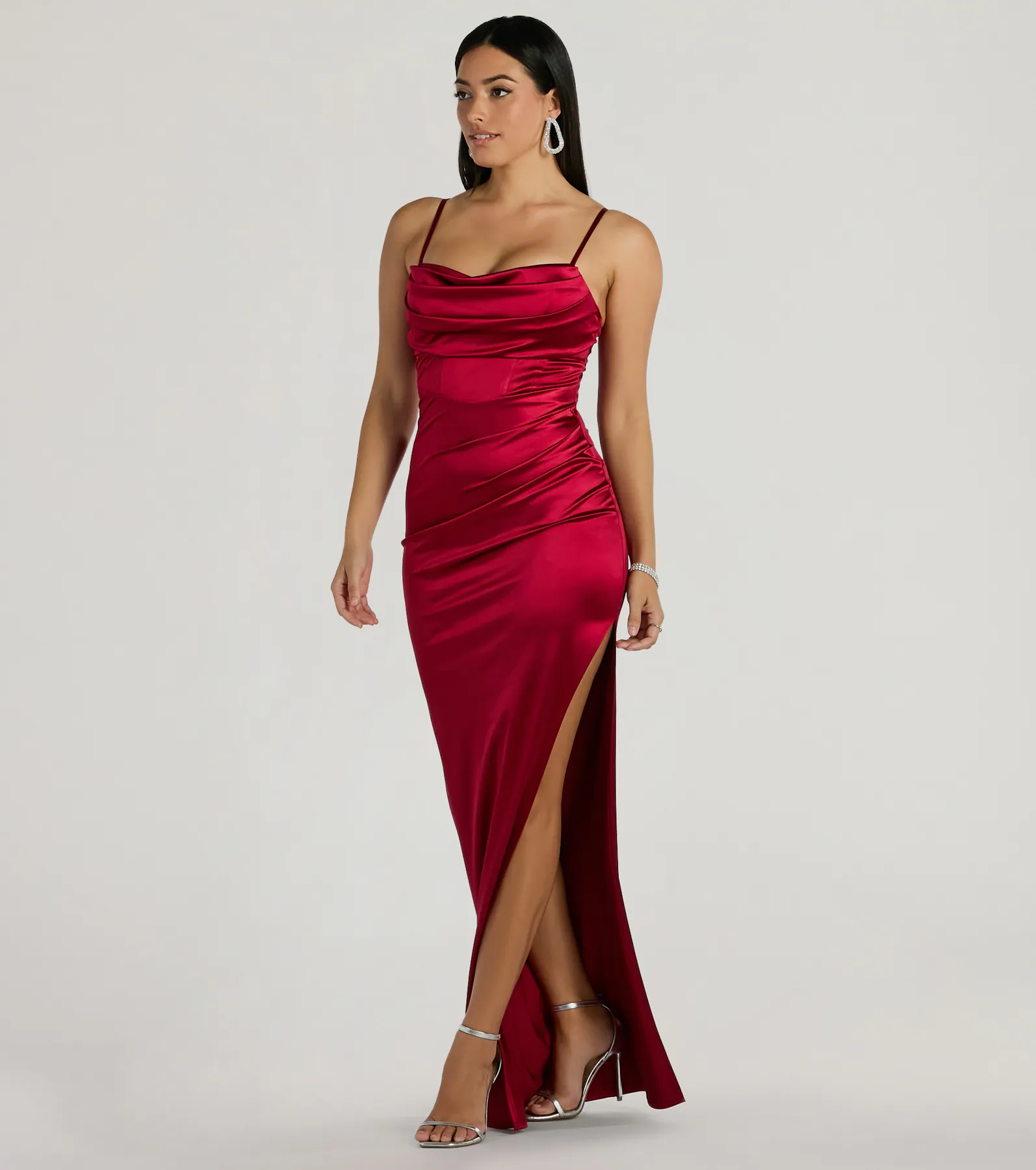 Iliana Cowl Neck High Slit Satin Column Dress