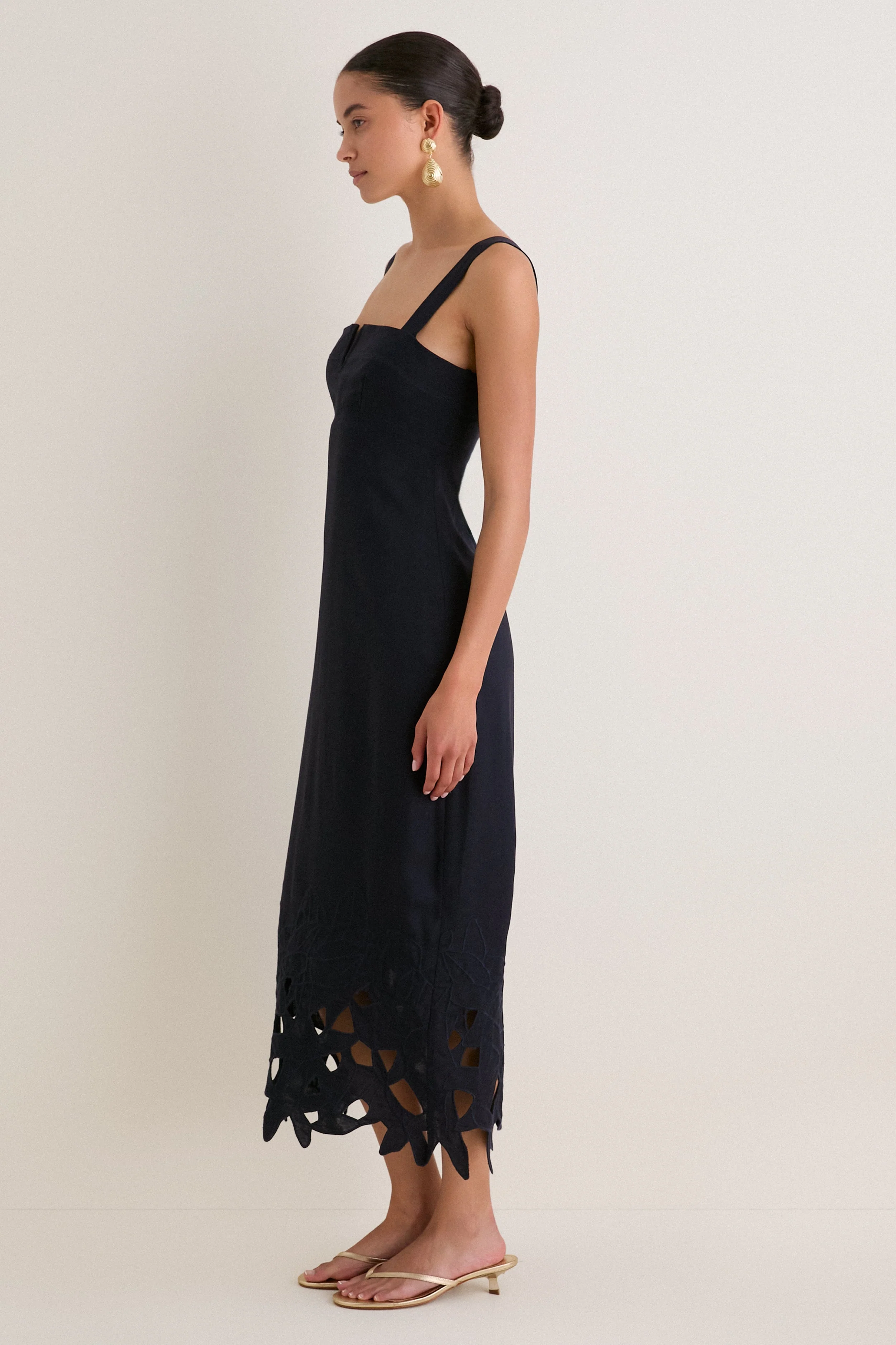 Navy Embroidered Linen Alma Midi Dress