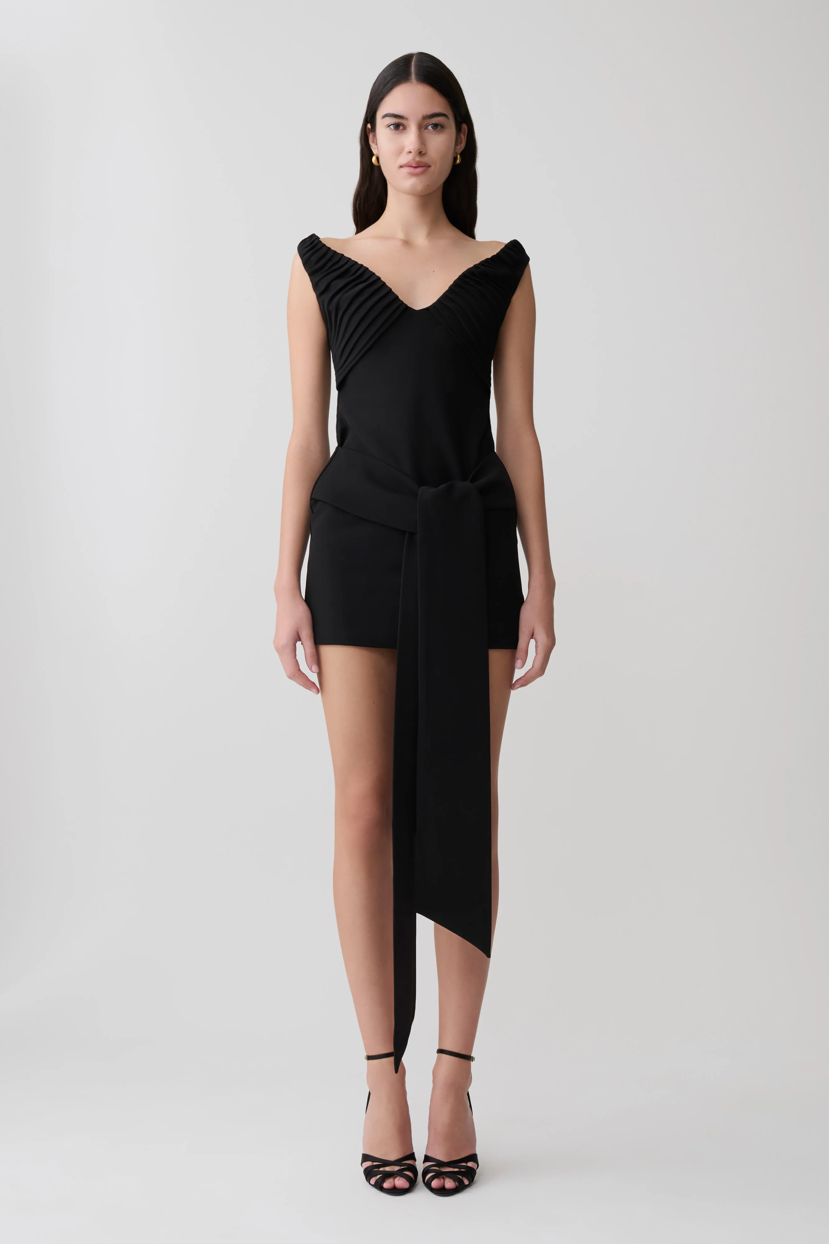 Runa Off Shoulder Mini Dress With Waist Tie - Black
