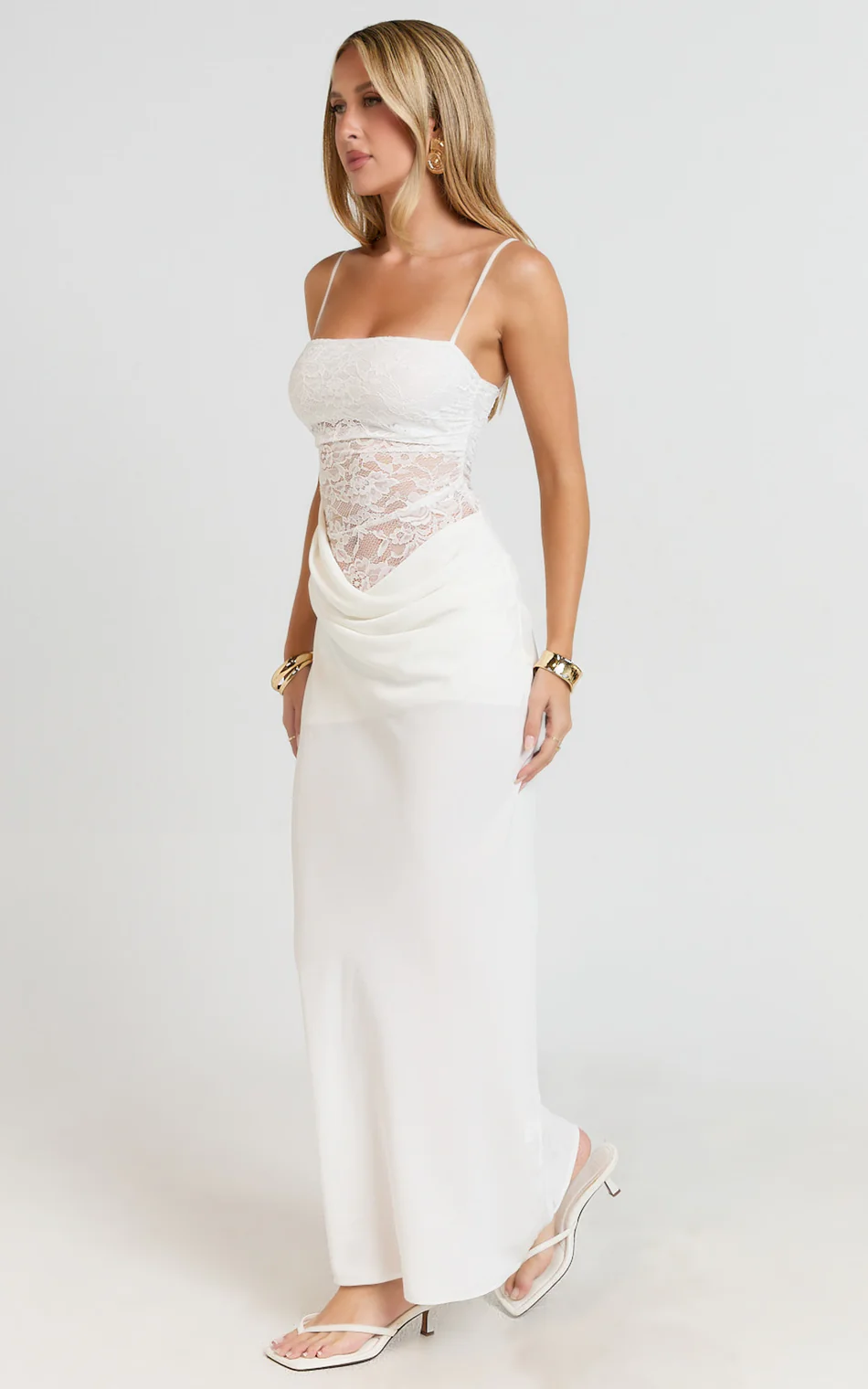 Rania Maxi Dress Contrast Lace Bodice Bias Cowl Drop Waist Dress in Cream