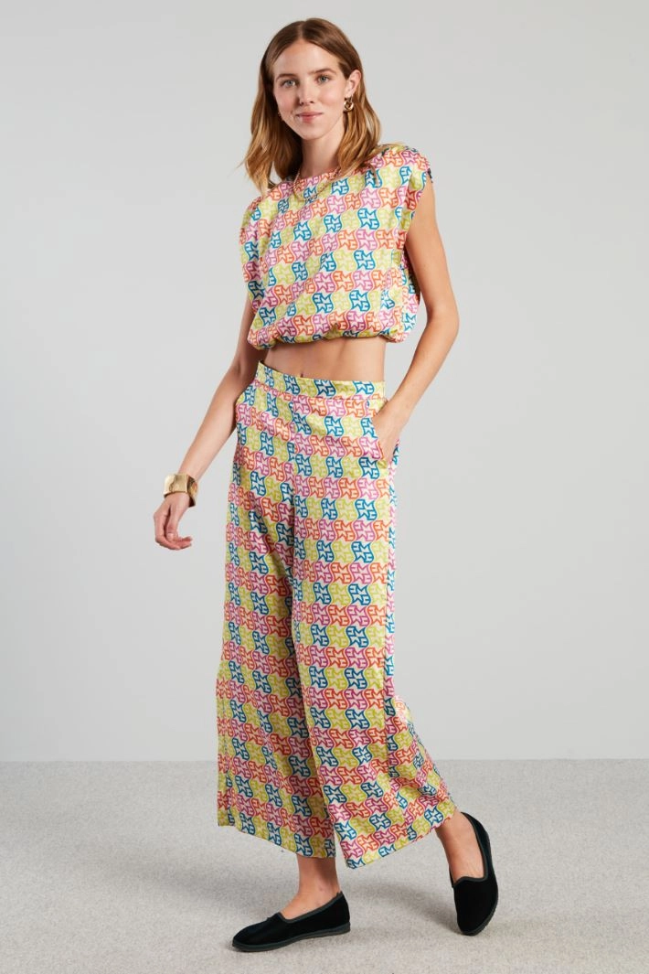 Gathered twill top - LIGHT BLUE ORANGE IVORY