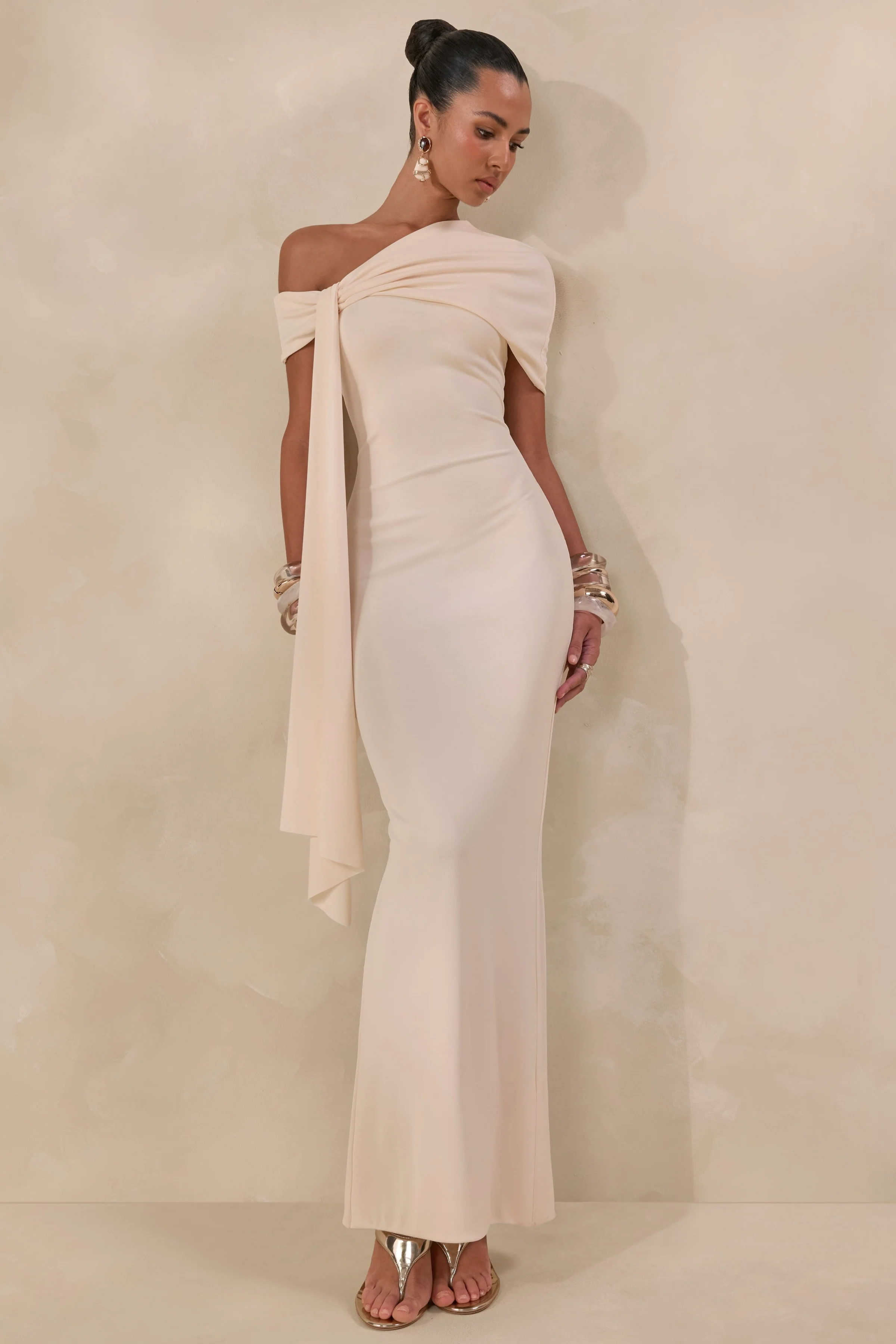 Esalina | Cream Asymmetric-Neck Maxi Dress With Sash