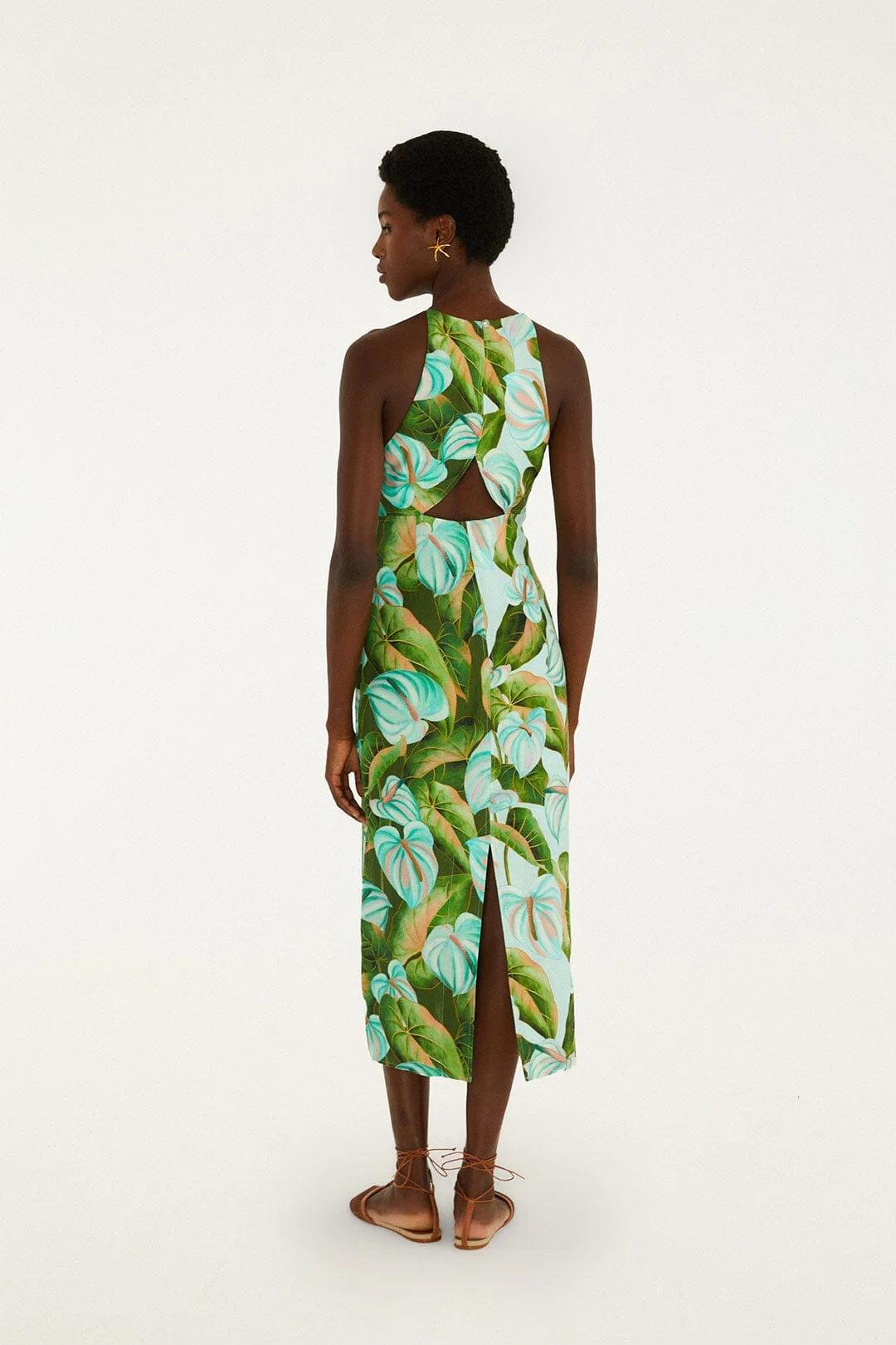 Green Anthurium Leaves Cut-Out Midi Dress