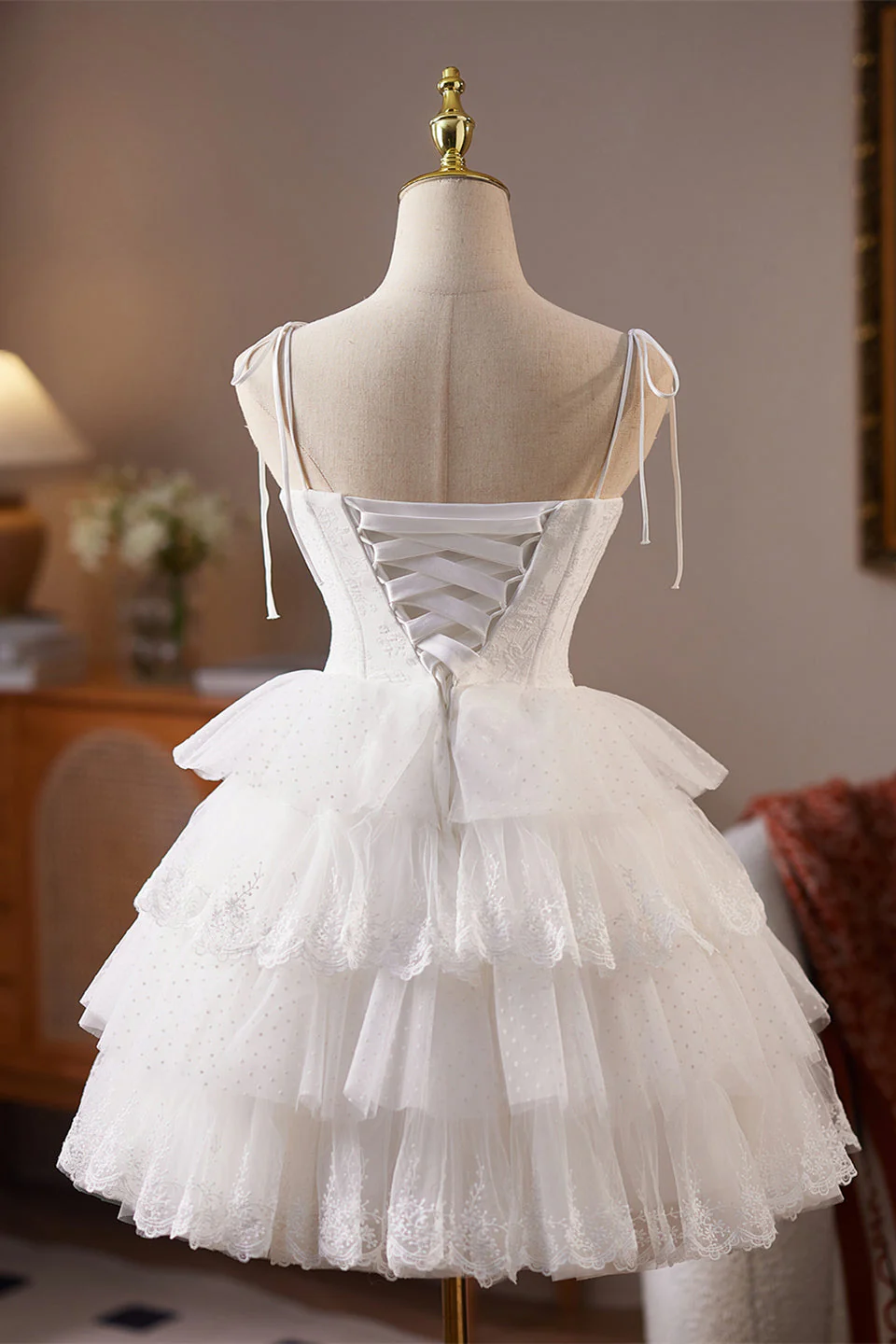 Sweetheart White Tiered Short Dress with Pearls