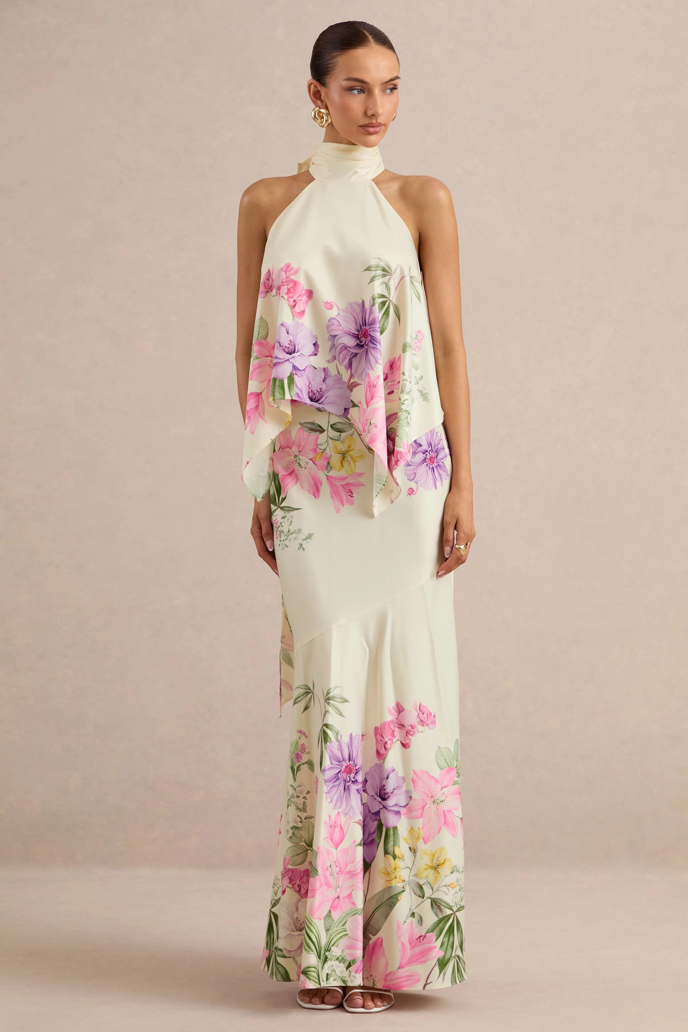 Vayla | Cream Floral Print Satin High Rise Maxi Skirt