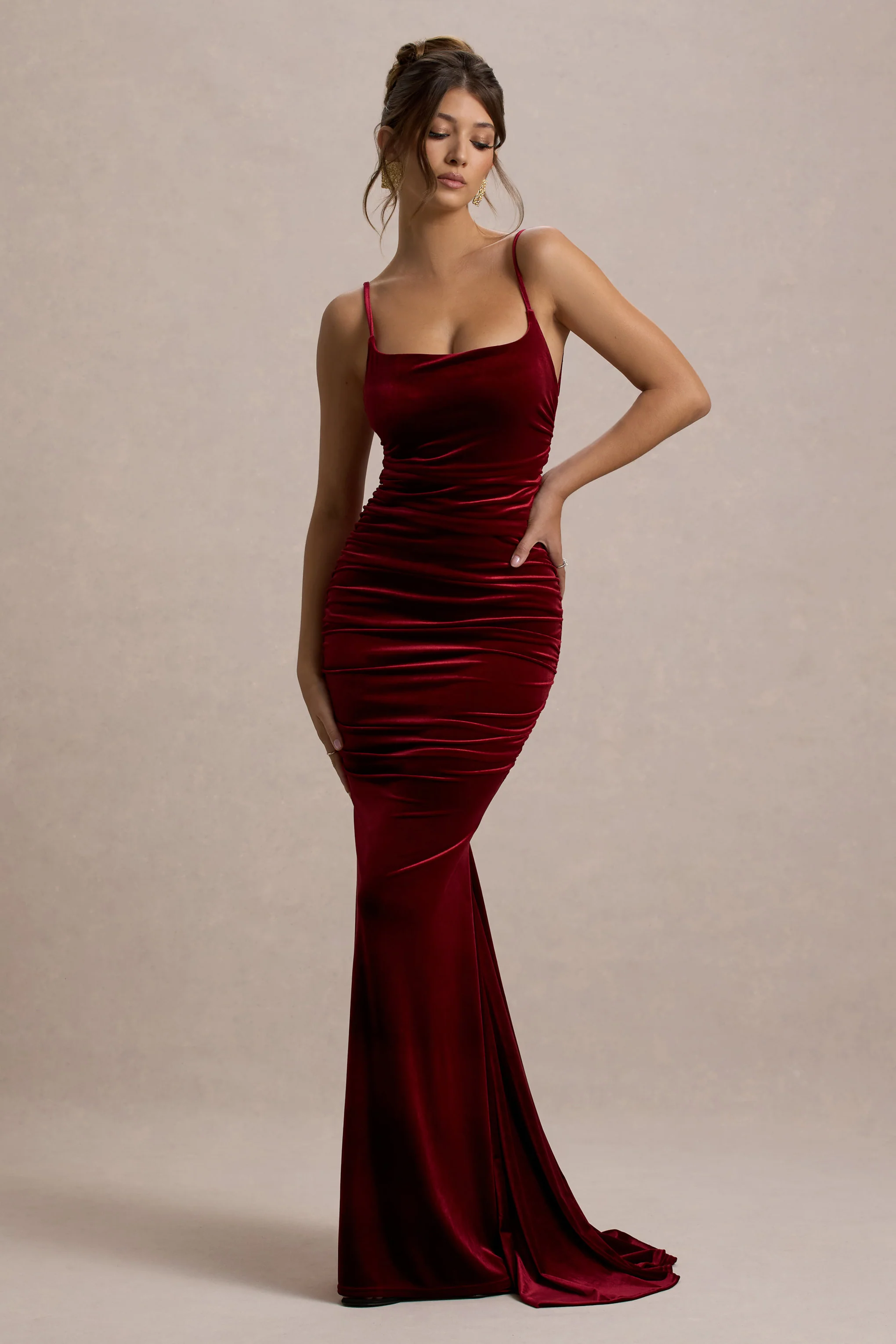 Adele | Berry Velvet Ruched Strappy Fishtail Maxi Dress